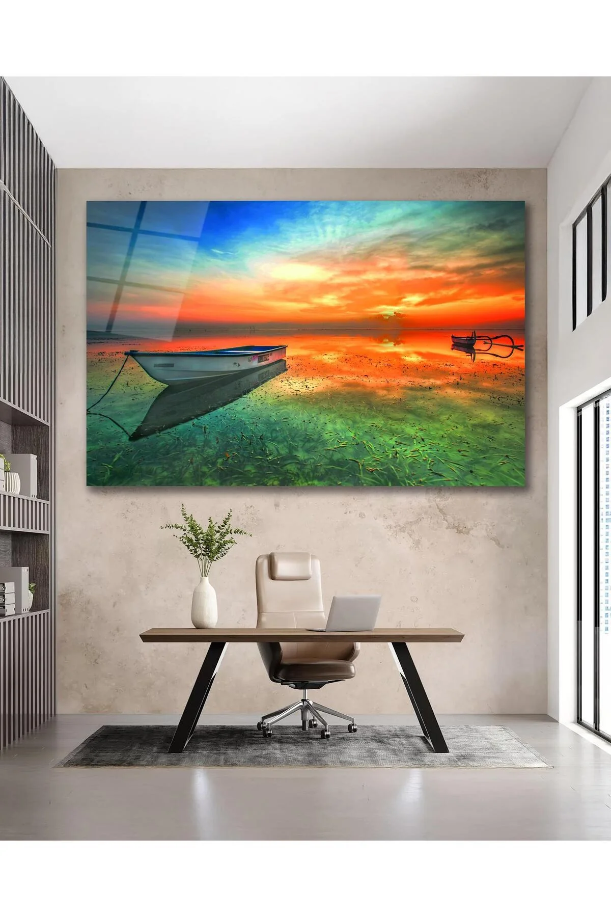 Kayık Göl Manzara Cam Tablo Modern Ev Ofis Salon Hediyelik Büyük Tablo Duvar Dekoru - BYCAGRİ Görsel 3