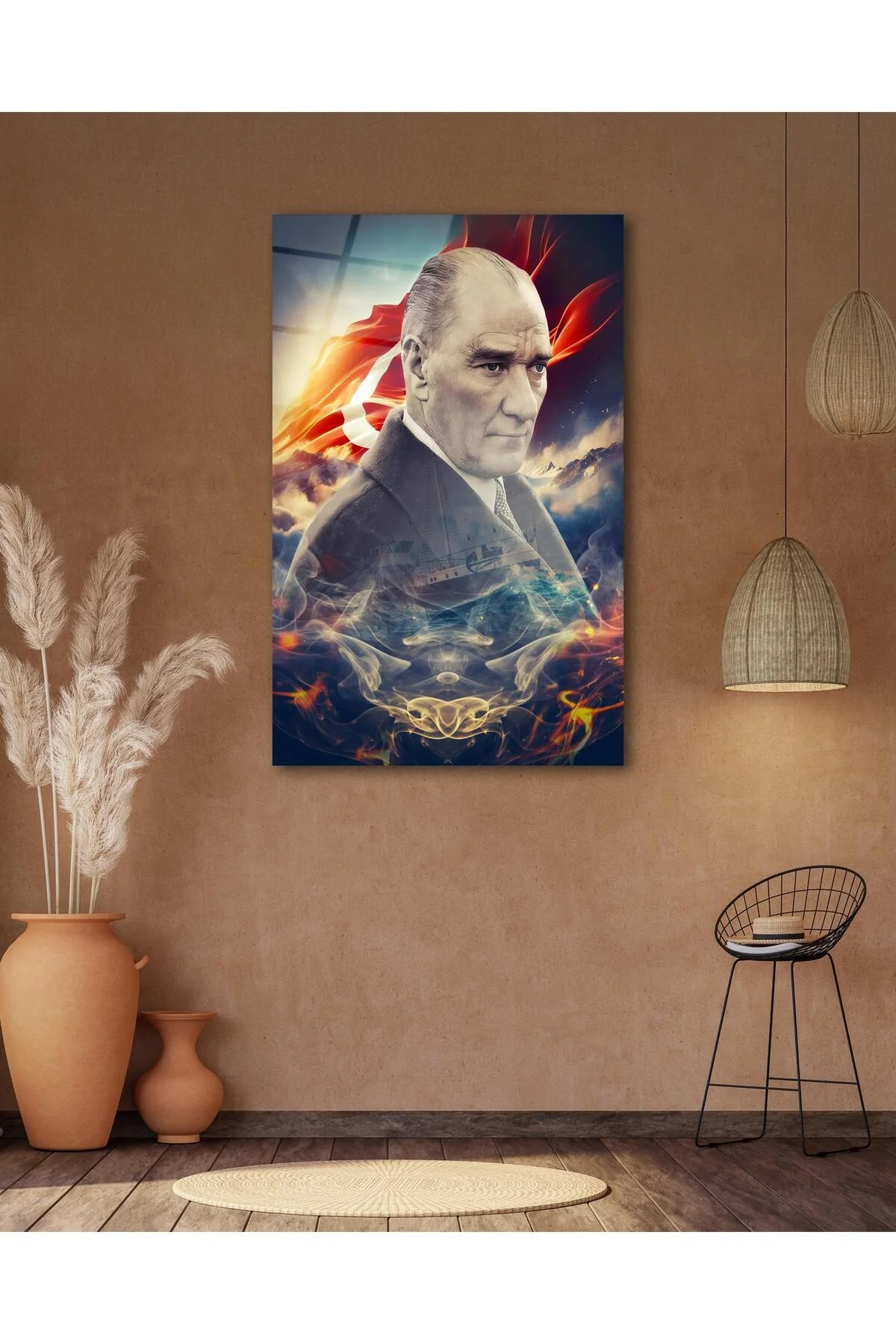 Atatürk Portre ve Türk Bayrağı Cam Tablo Modern Ev Ofis Salon Hediyelik Büyük Tablo Duvar Dekoru - BYCAGRİ Görsel 6