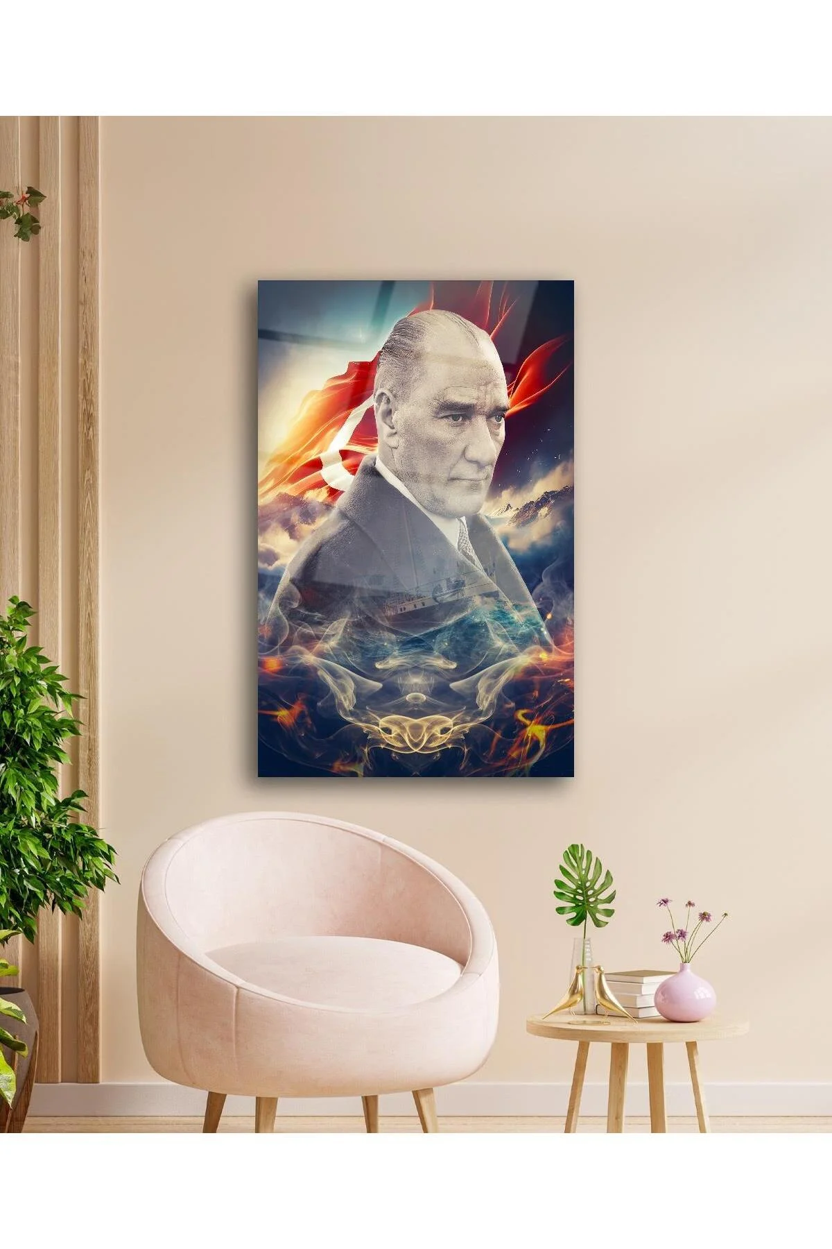 Atatürk Portre ve Türk Bayrağı Cam Tablo Modern Ev Ofis Salon Hediyelik Büyük Tablo Duvar Dekoru - BYCAGRİ Görsel 2