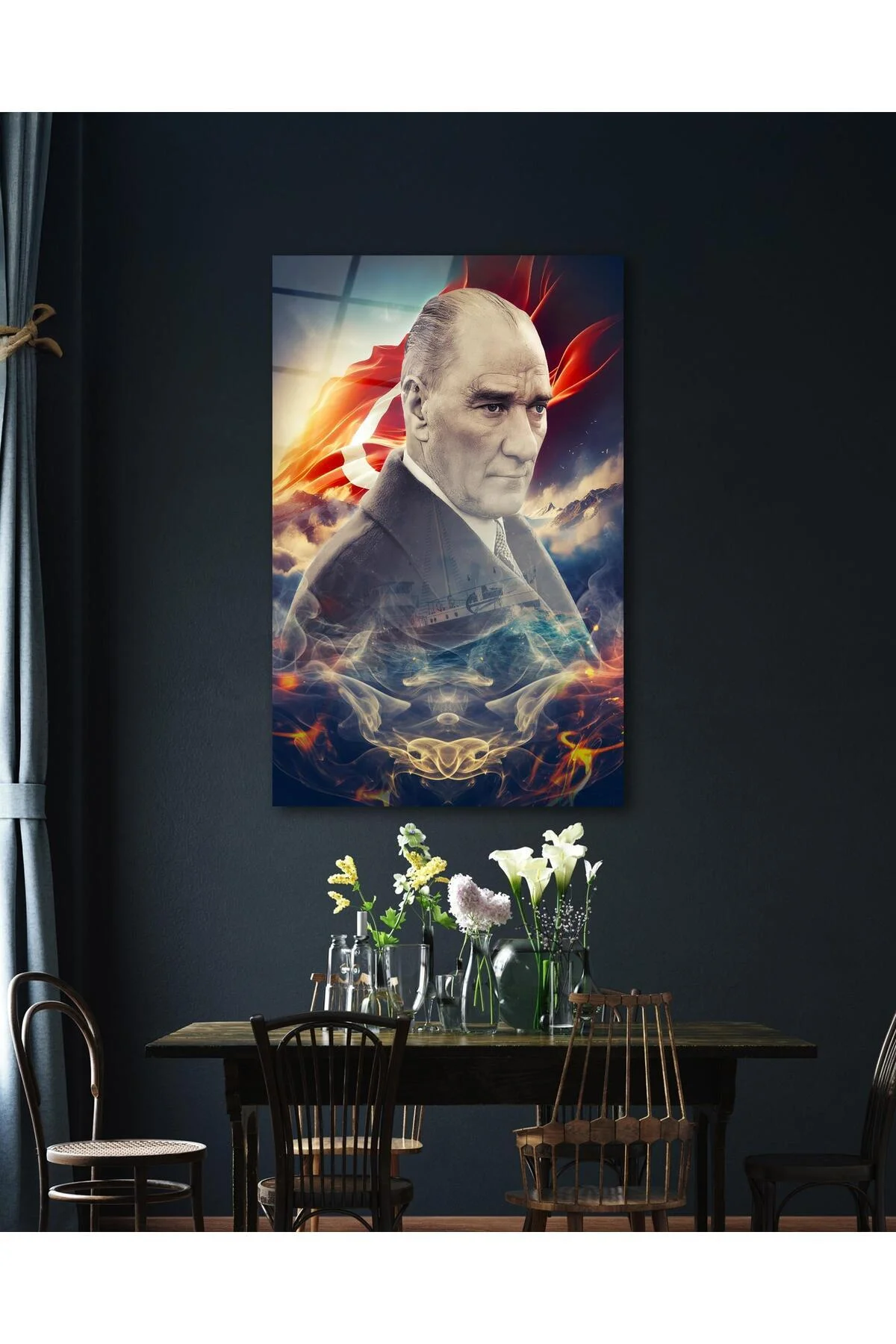 Atatürk Portre ve Türk Bayrağı Cam Tablo Modern Ev Ofis Salon Hediyelik Büyük Tablo Duvar Dekoru - BYCAGRİ Görsel 3