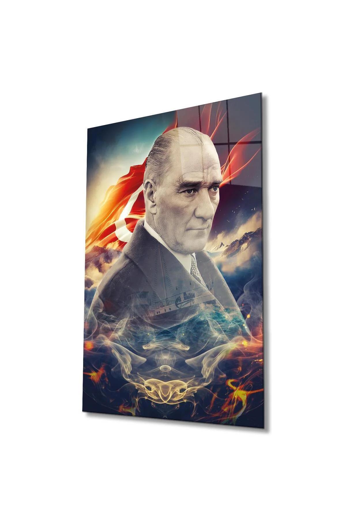 Atatürk Portre ve Türk Bayrağı Cam Tablo Modern Ev Ofis Salon Hediyelik Büyük Tablo Duvar Dekoru