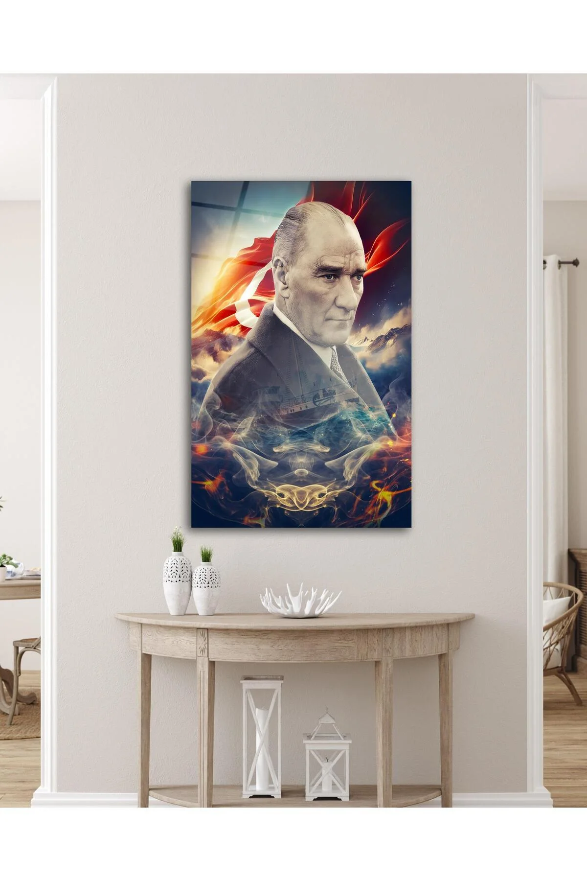 Atatürk Portre ve Türk Bayrağı Cam Tablo Modern Ev Ofis Salon Hediyelik Büyük Tablo Duvar Dekoru - BYCAGRİ Görsel 4
