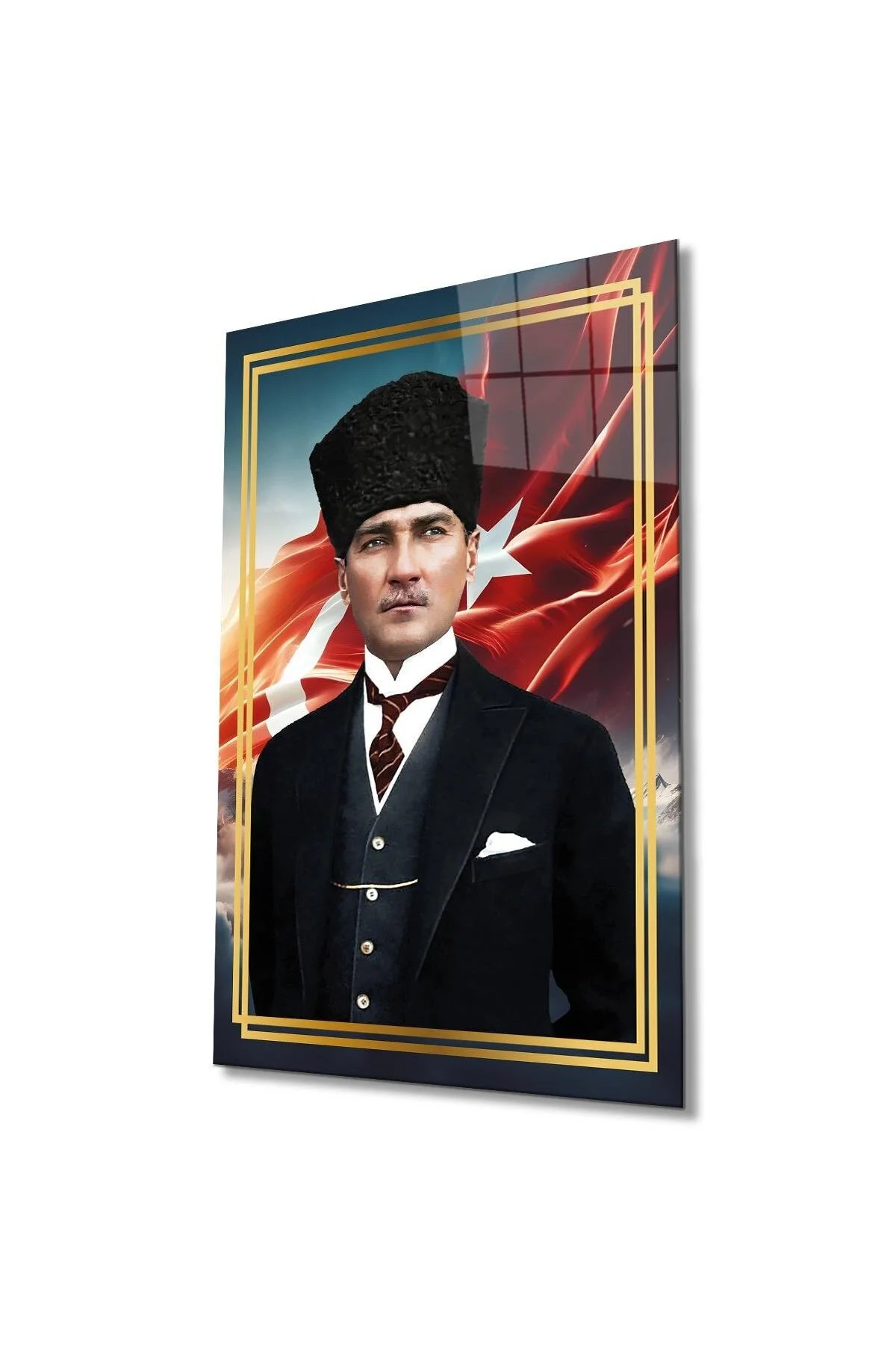 Atatürk Portre ve Türk Bayrağı Cam Tablo Modern Ev Ofis Salon Hediyelik Büyük Tablo Duvar Dekoru