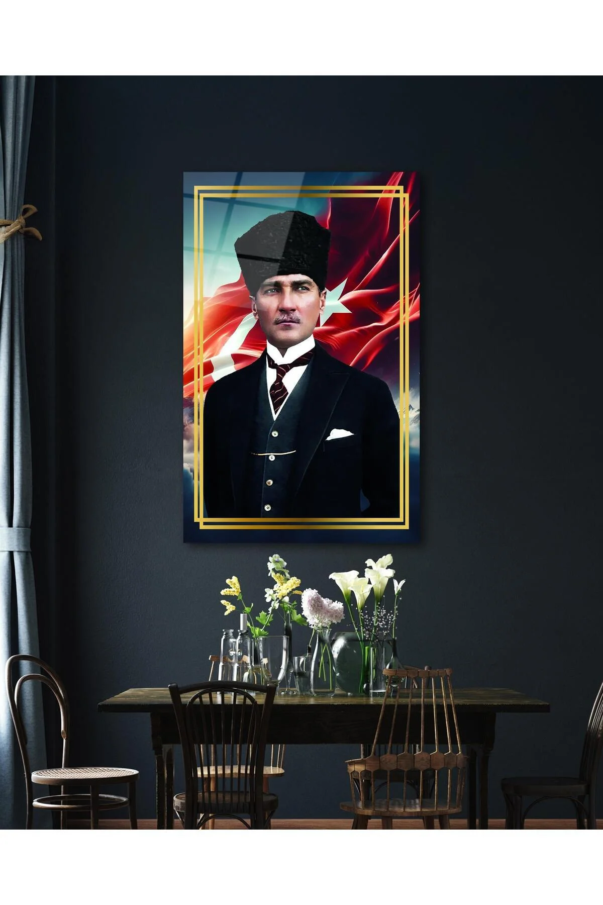 Atatürk Portre ve Türk Bayrağı Cam Tablo Modern Ev Ofis Salon Hediyelik Büyük Tablo Duvar Dekoru - BYCAGRİ Görsel 4
