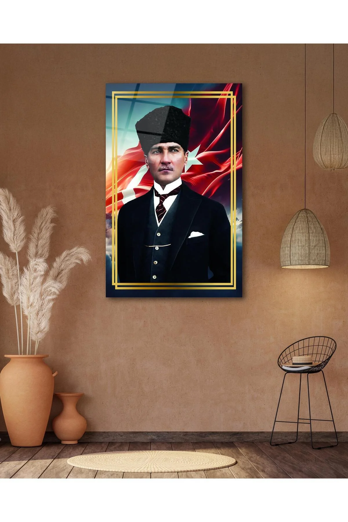 Atatürk Portre ve Türk Bayrağı Cam Tablo Modern Ev Ofis Salon Hediyelik Büyük Tablo Duvar Dekoru - BYCAGRİ Görsel 6