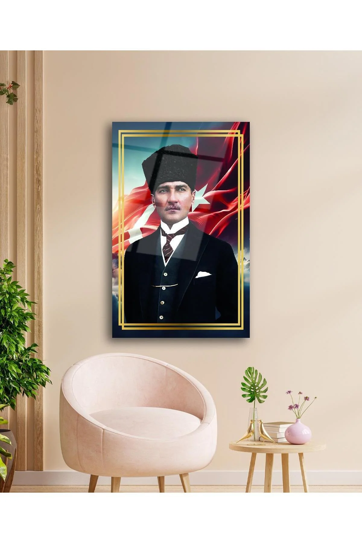 Atatürk Portre ve Türk Bayrağı Cam Tablo Modern Ev Ofis Salon Hediyelik Büyük Tablo Duvar Dekoru - BYCAGRİ Görsel 3