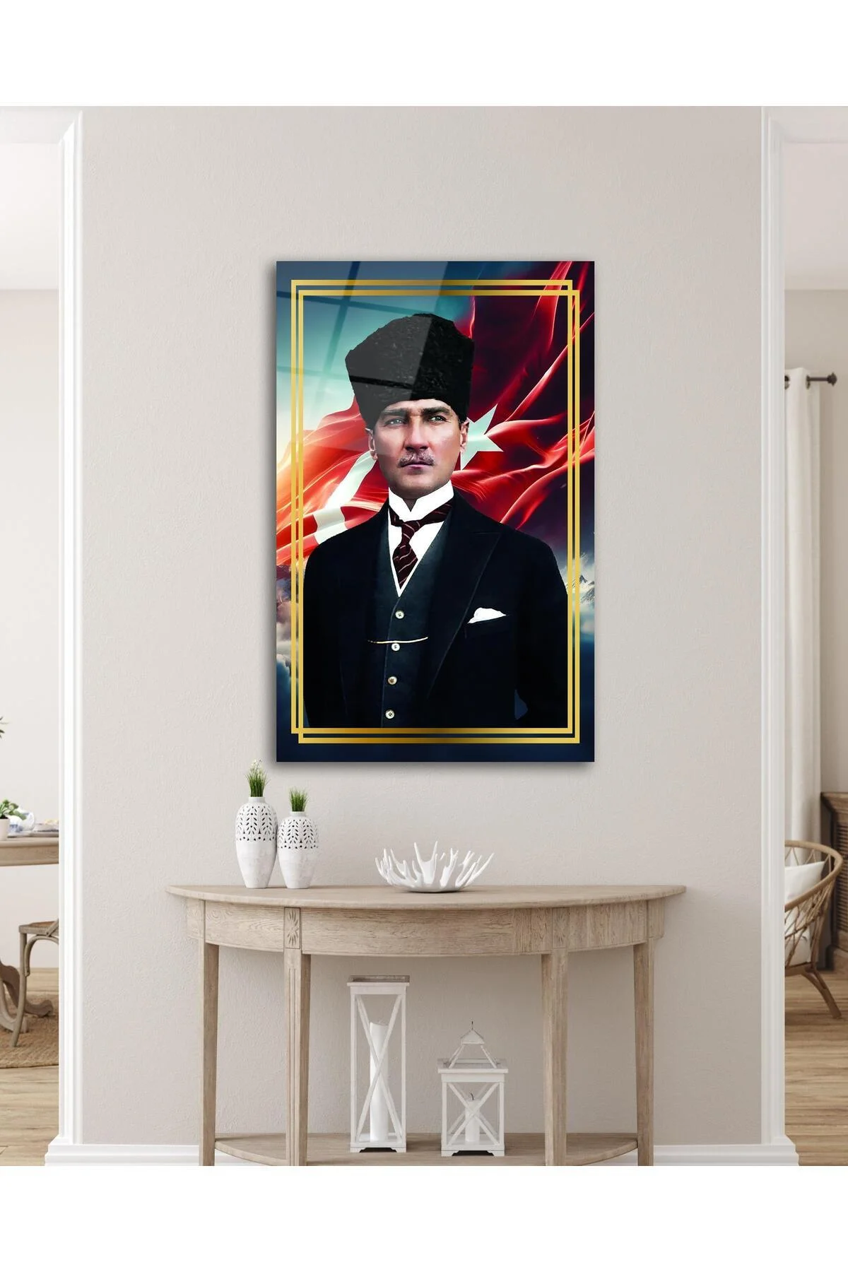 Atatürk Portre ve Türk Bayrağı Cam Tablo Modern Ev Ofis Salon Hediyelik Büyük Tablo Duvar Dekoru - BYCAGRİ Görsel 2