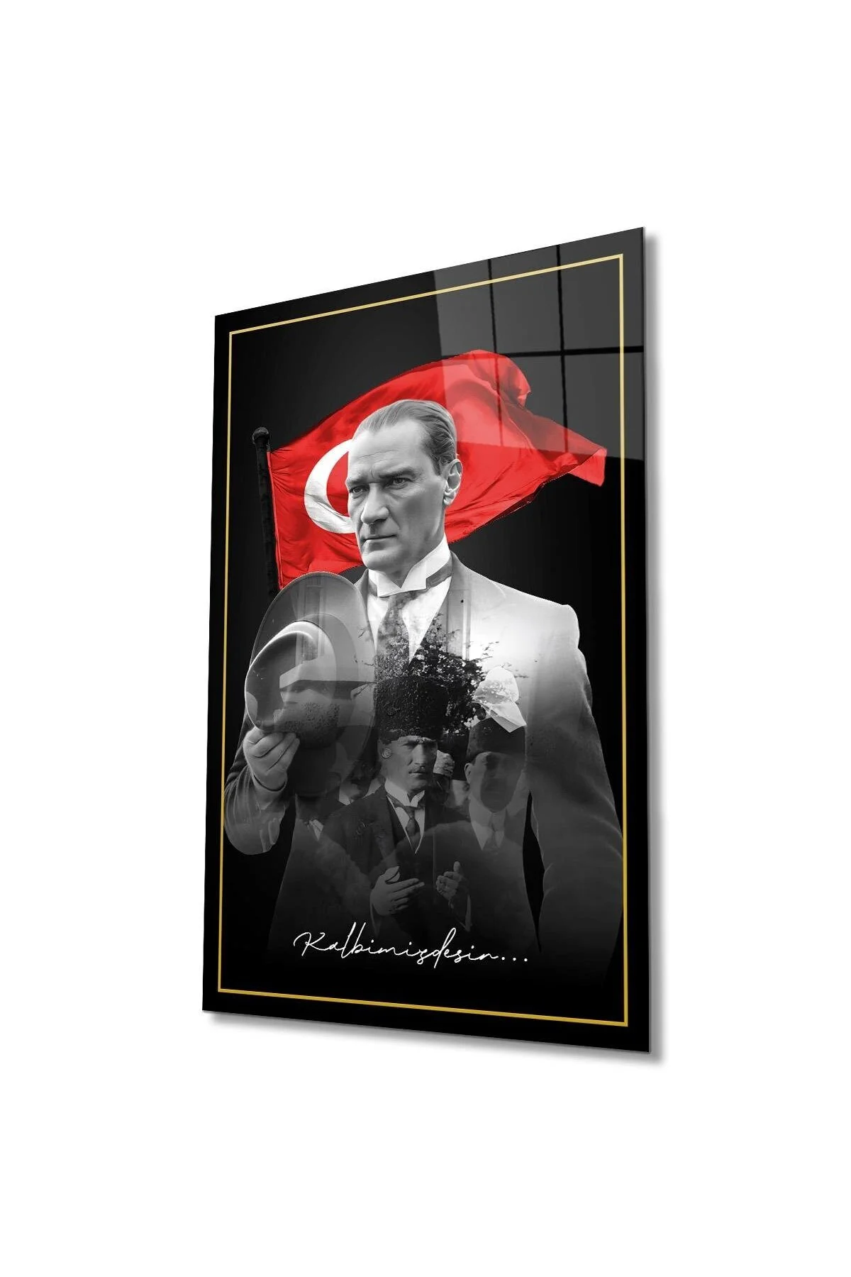 Atatürk Portre ve Türk Bayrağı Cam Tablo Modern Ev Ofis Salon Hediyelik Büyük Tablo Duvar Dekoru