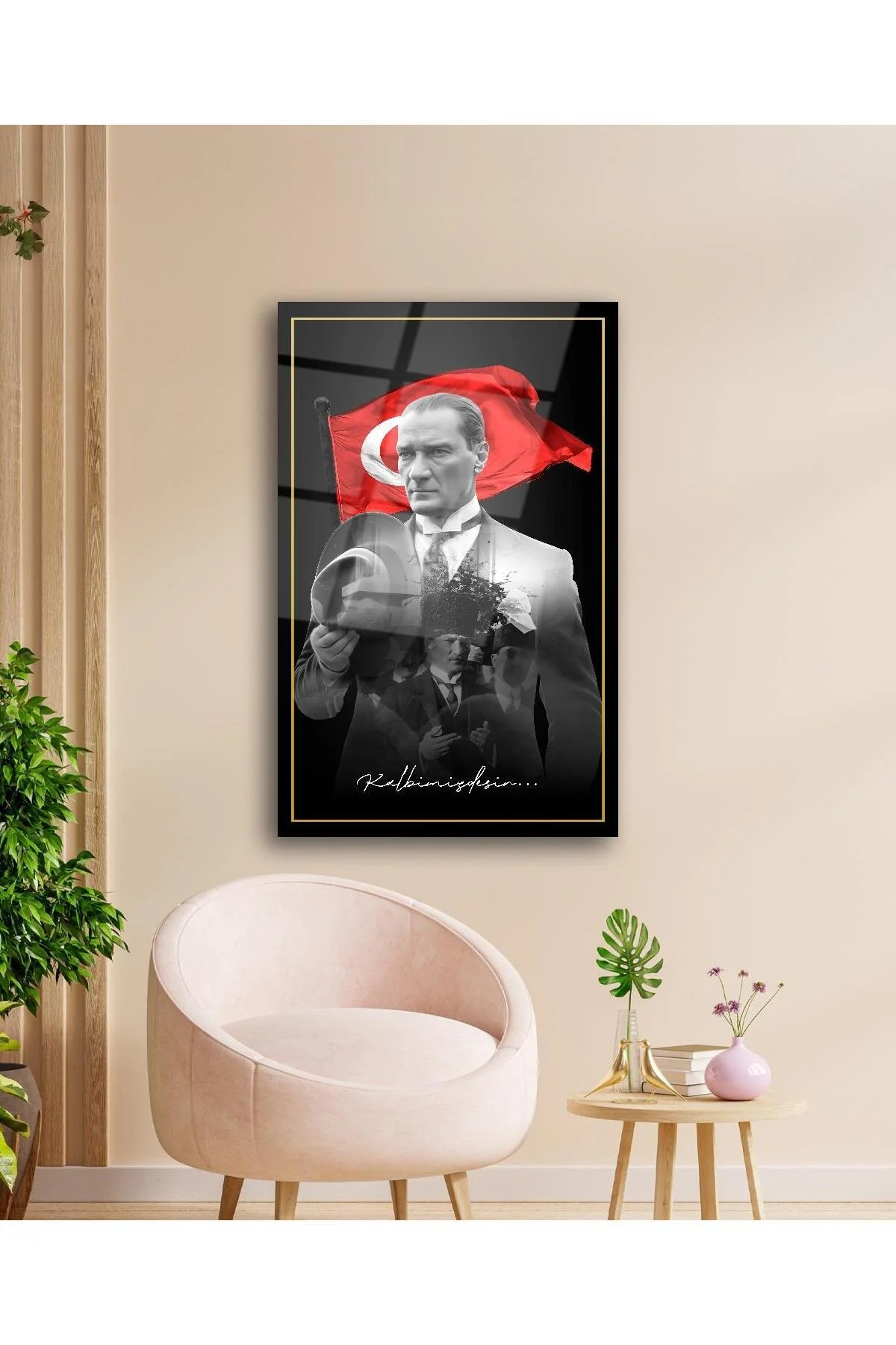 Atatürk Portre ve Türk Bayrağı Cam Tablo Modern Ev Ofis Salon Hediyelik Büyük Tablo Duvar Dekoru - BYCAGRİ Görsel 2