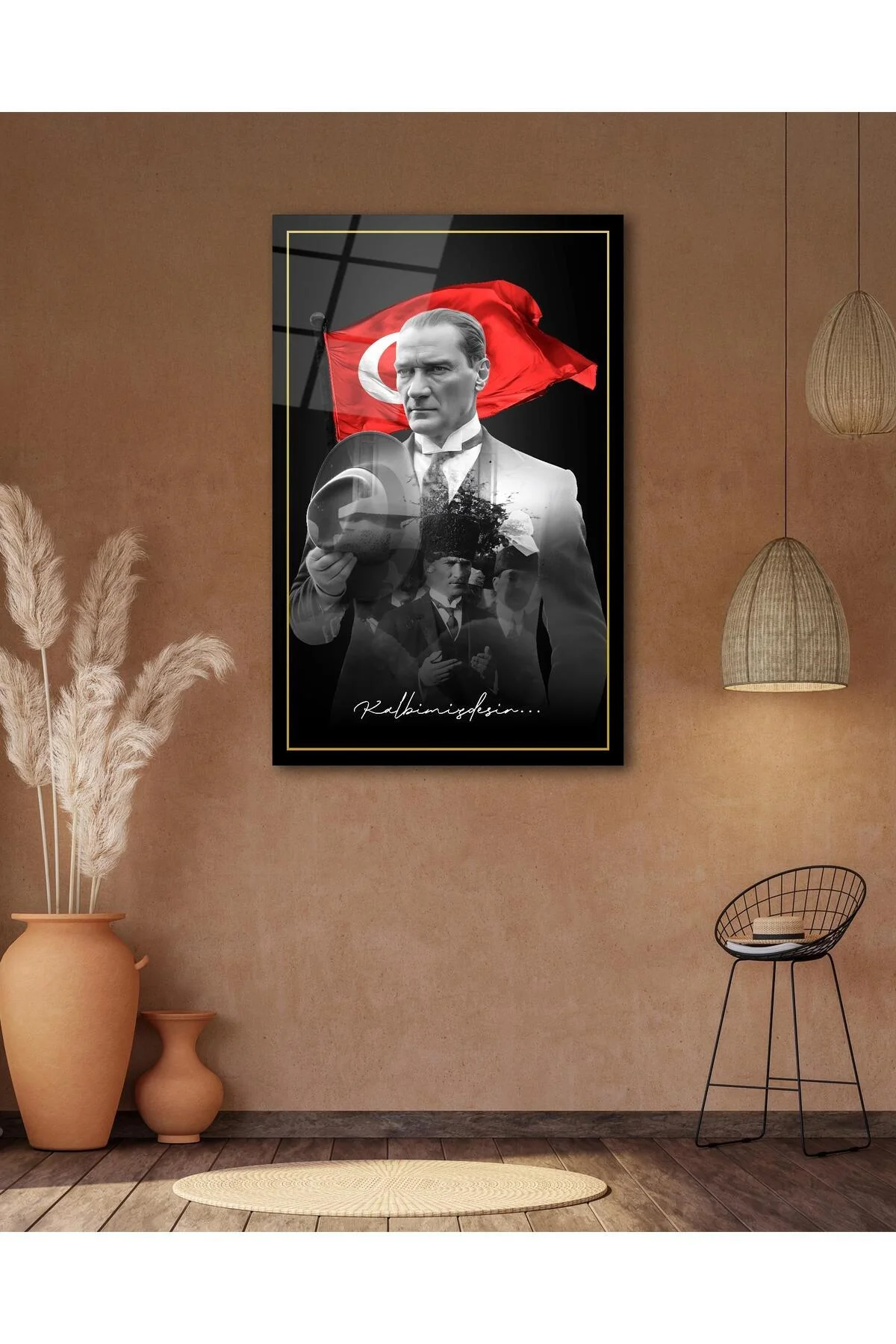 Atatürk Portre ve Türk Bayrağı Cam Tablo Modern Ev Ofis Salon Hediyelik Büyük Tablo Duvar Dekoru - BYCAGRİ Görsel 6