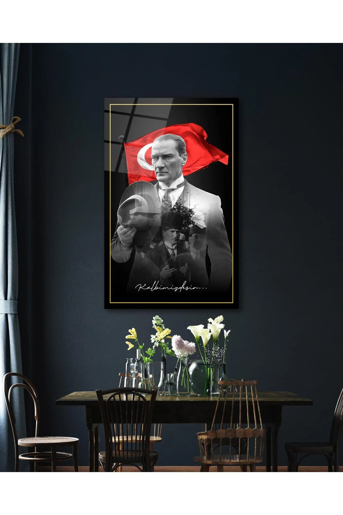 Atatürk Portre ve Türk Bayrağı Cam Tablo Modern Ev Ofis Salon Hediyelik Büyük Tablo Duvar Dekoru - BYCAGRİ Görsel 3