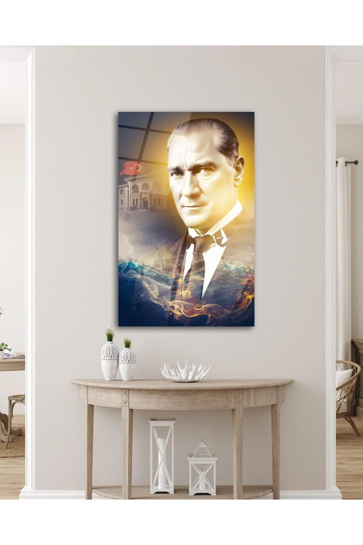 Atatürk Portre ve Türk Bayrağı Cam Tablo Modern Ev Ofis Salon Hediyelik Büyük Tablo Duvar Dekoru - BYCAGRİ Görsel 3