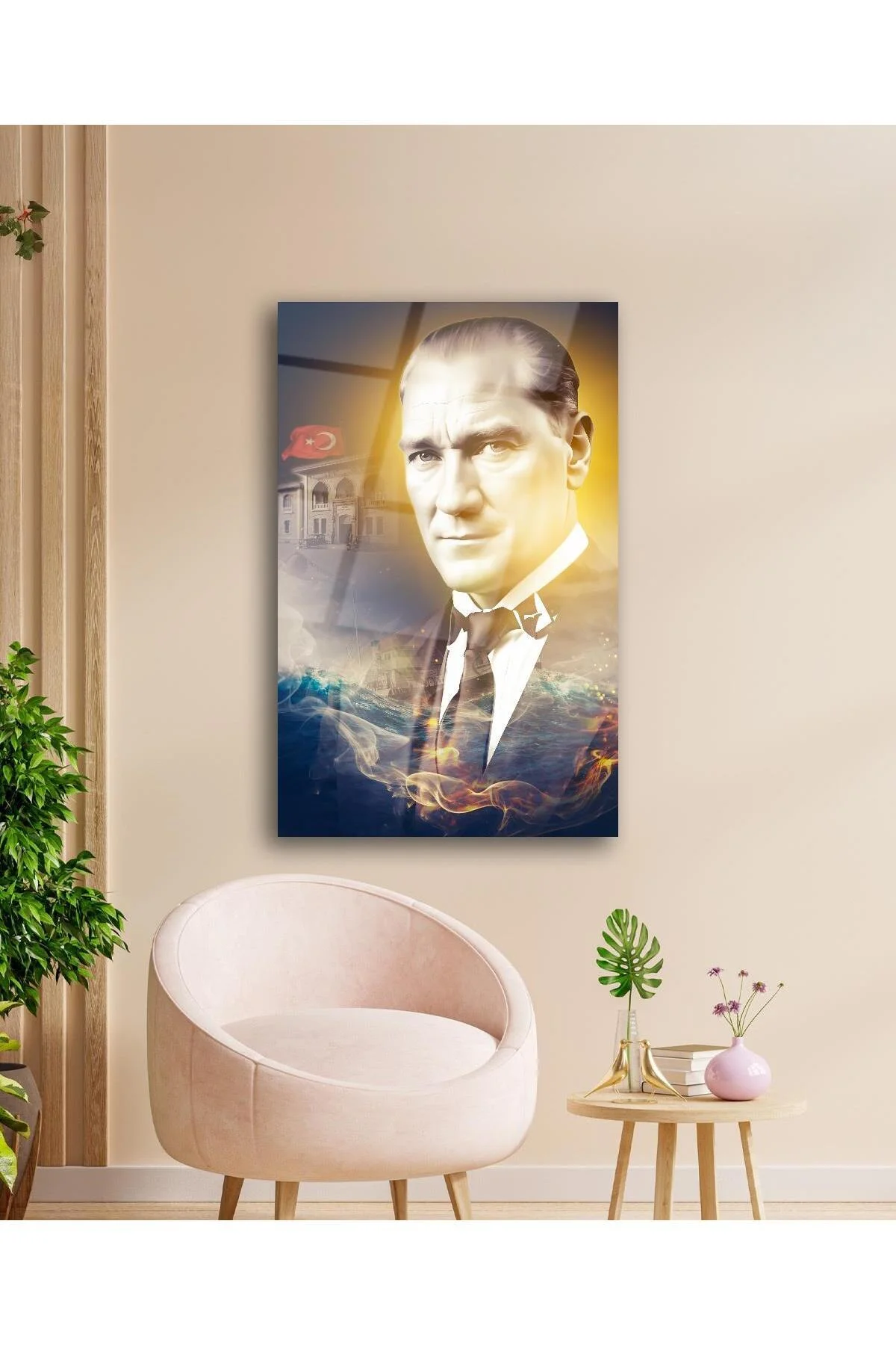Atatürk Portre ve Türk Bayrağı Cam Tablo Modern Ev Ofis Salon Hediyelik Büyük Tablo Duvar Dekoru - BYCAGRİ Görsel 2