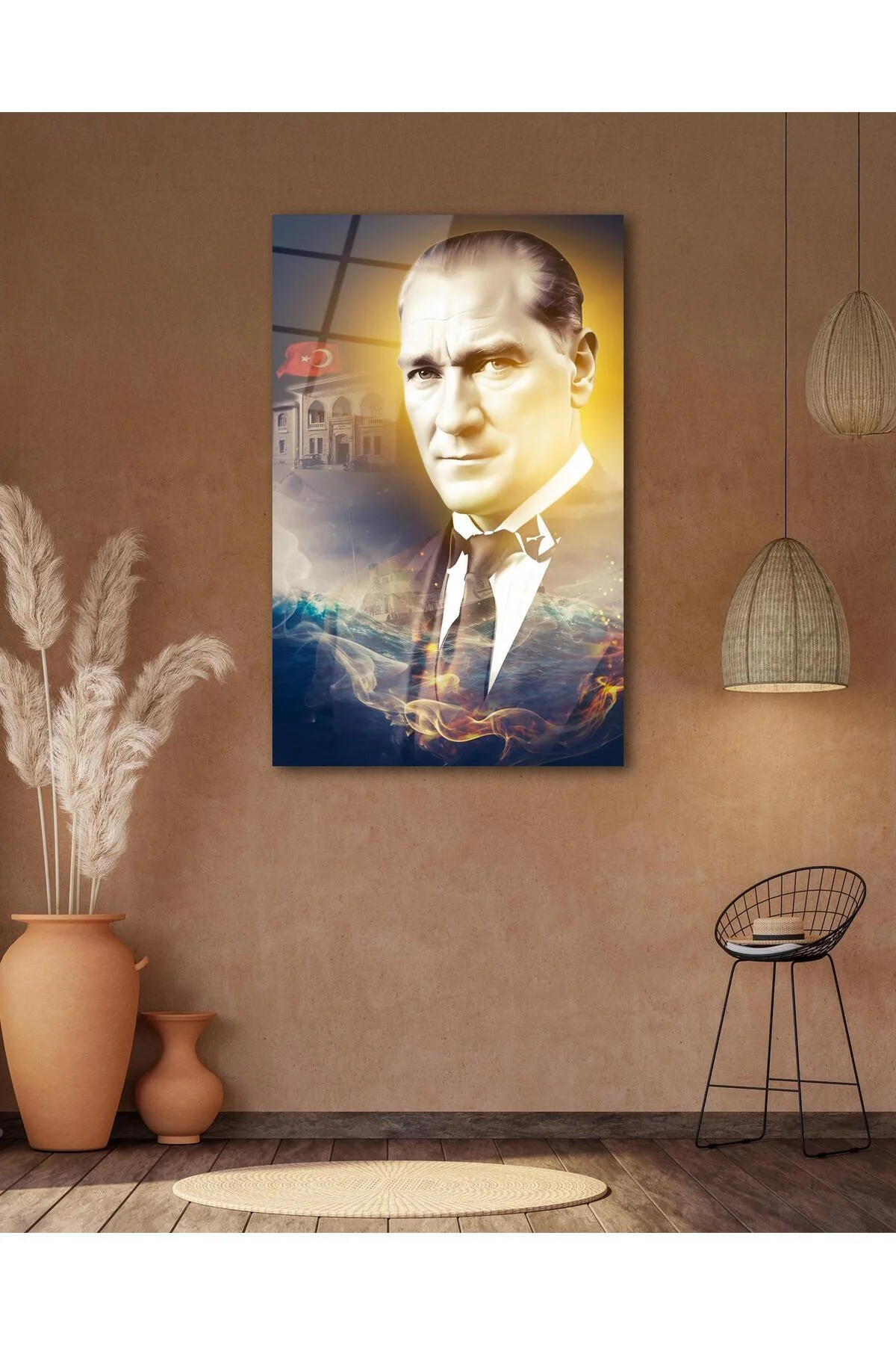 Atatürk Portre ve Türk Bayrağı Cam Tablo Modern Ev Ofis Salon Hediyelik Büyük Tablo Duvar Dekoru - BYCAGRİ Görsel 5