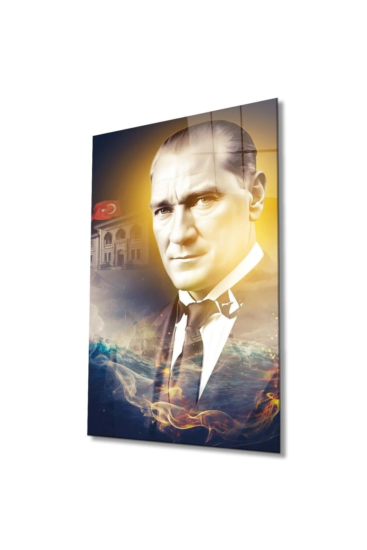 Atatürk Portre ve Türk Bayrağı Cam Tablo Modern Ev Ofis Salon Hediyelik Büyük Tablo Duvar Dekoru