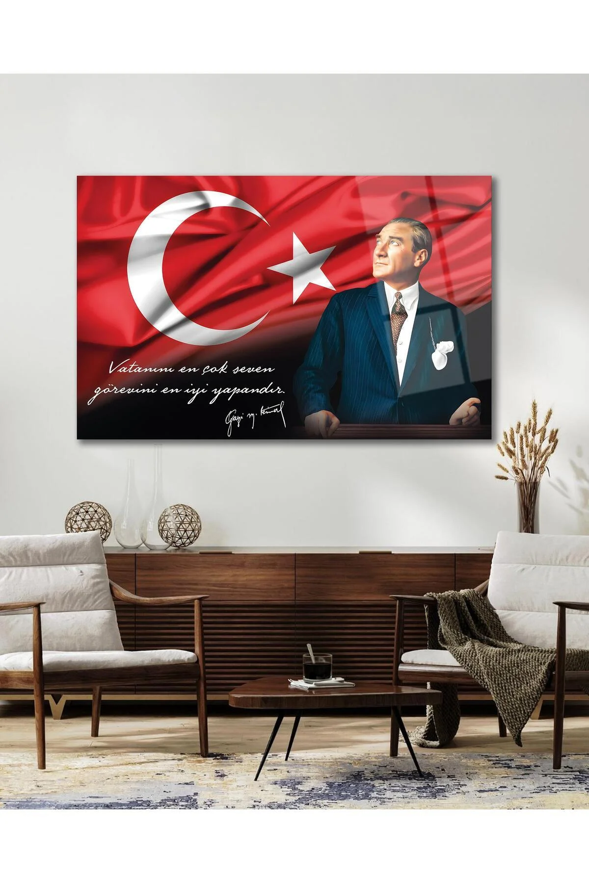 Atatürk Portre Cam Tablo Vatanını En Çok Seven Görevini En İyi Yapandır Kurum Hediyelik Büyük Tablo - BYCAGRİ Görsel 5