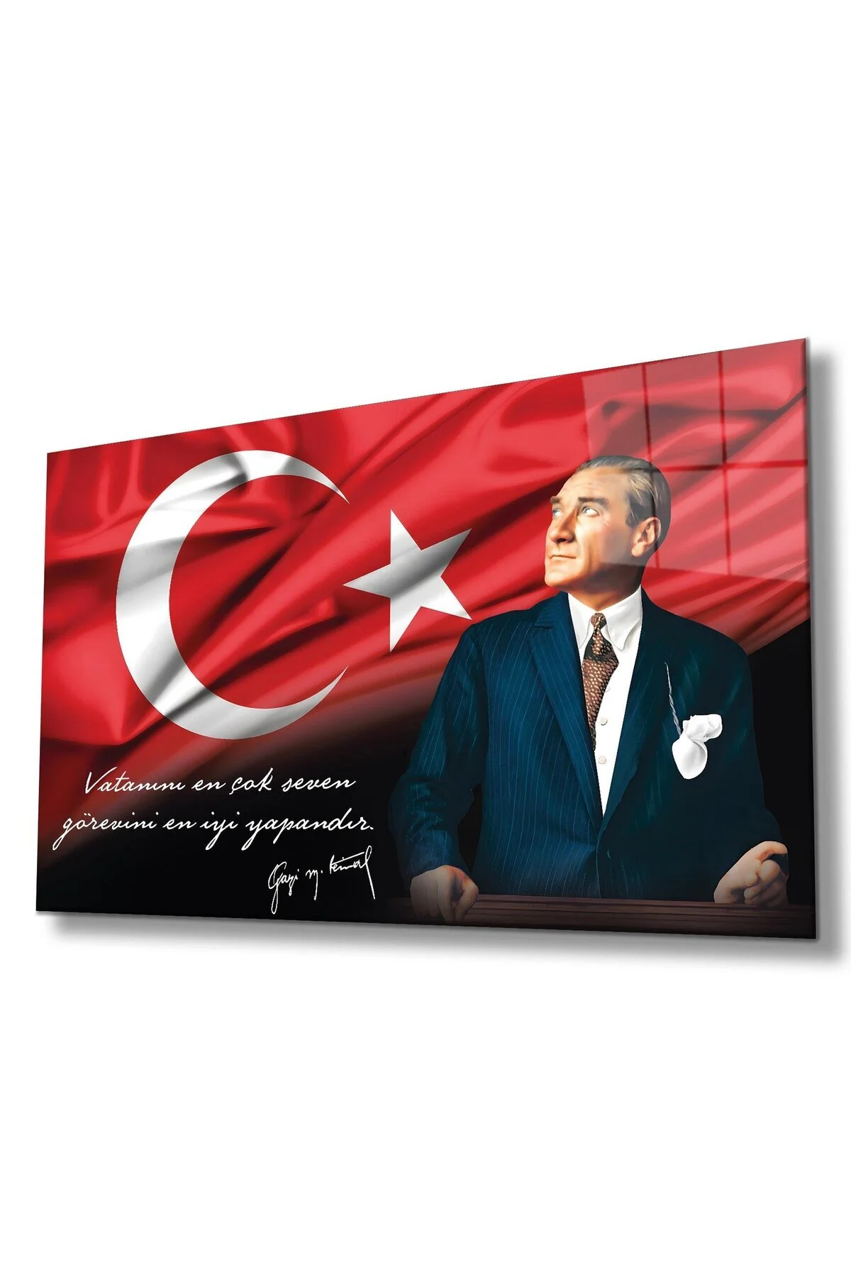Atatürk Portre Cam Tablo Vatanını En Çok Seven Görevini En İyi Yapandır Kurum Hediyelik Büyük Tablo - BYCAGRİ Görsel 2