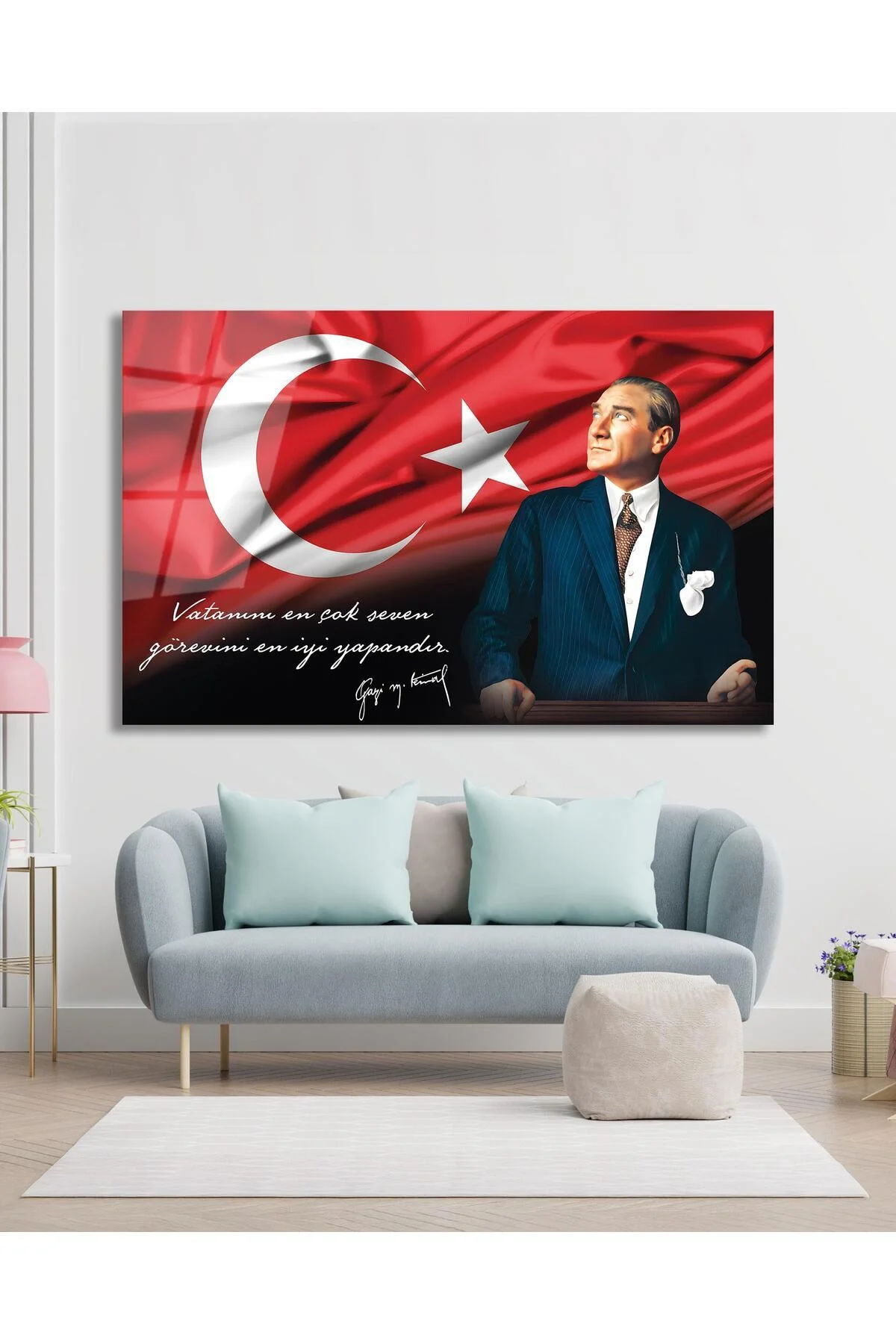 Atatürk Portre Cam Tablo Vatanını En Çok Seven Görevini En İyi Yapandır Kurum Hediyelik Büyük Tablo - BYCAGRİ Görsel 3
