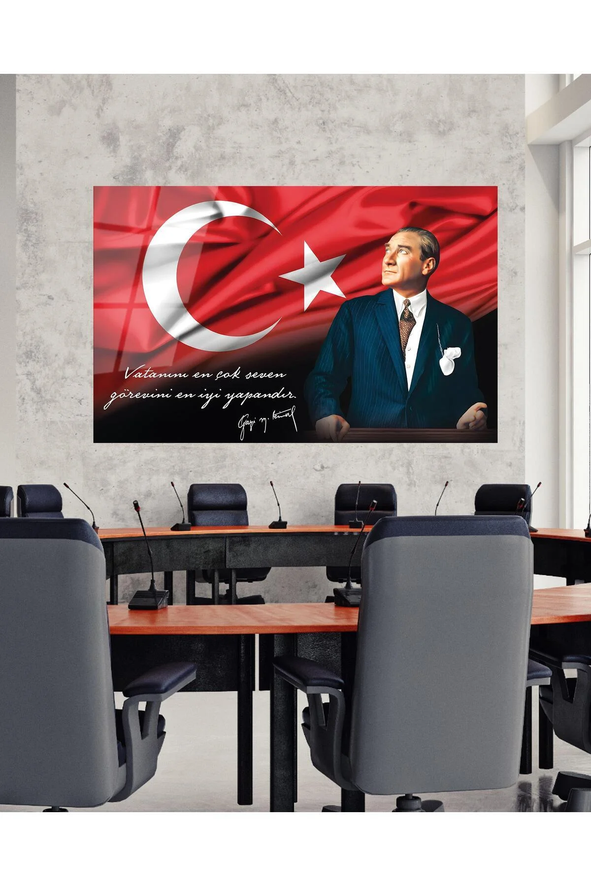 Atatürk Portre Cam Tablo Vatanını En Çok Seven Görevini En İyi Yapandır Kurum Hediyelik Büyük Tablo - BYCAGRİ Görsel 7