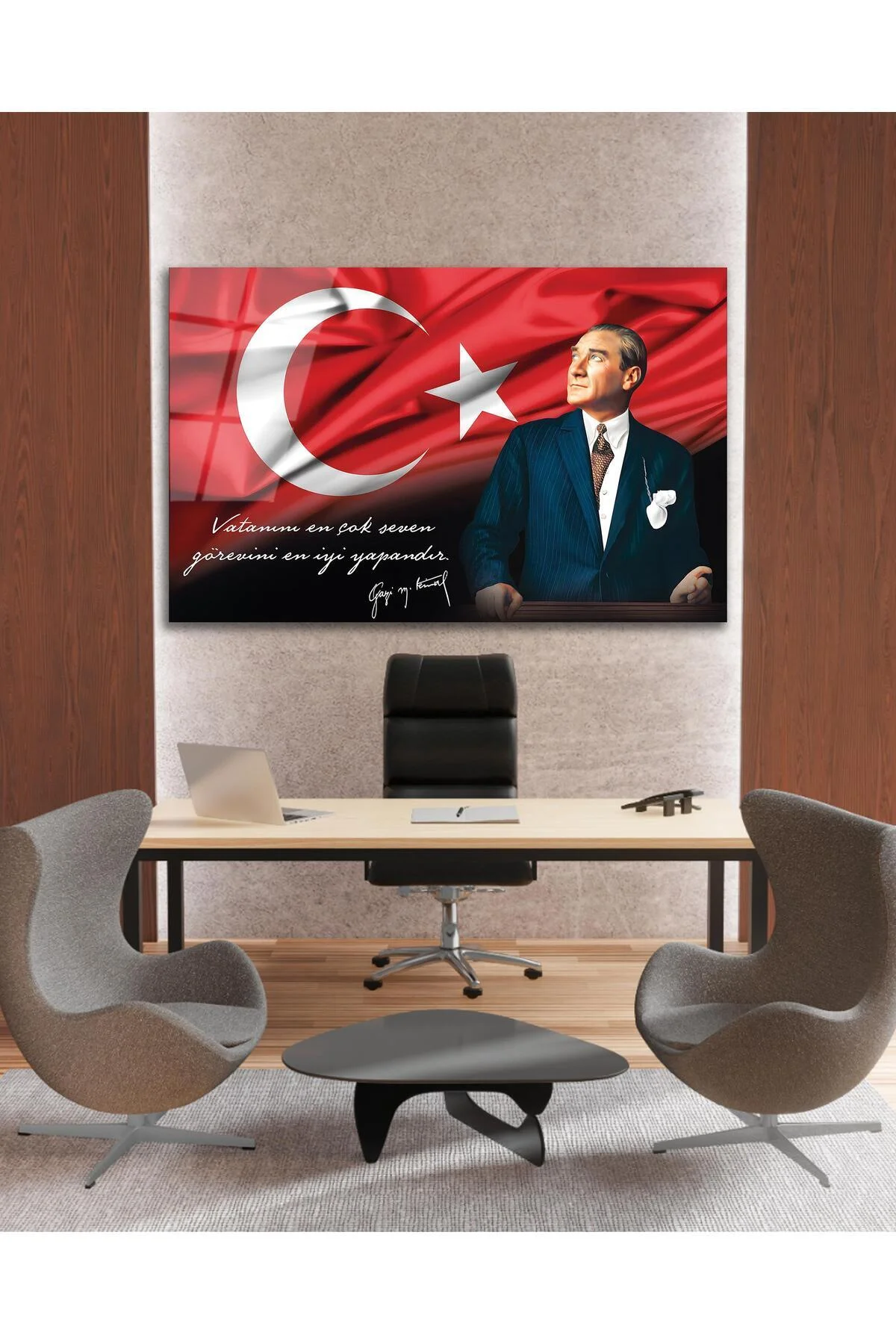 Atatürk Portre Cam Tablo Vatanını En Çok Seven Görevini En İyi Yapandır Kurum Hediyelik Büyük Tablo - BYCAGRİ Görsel 6