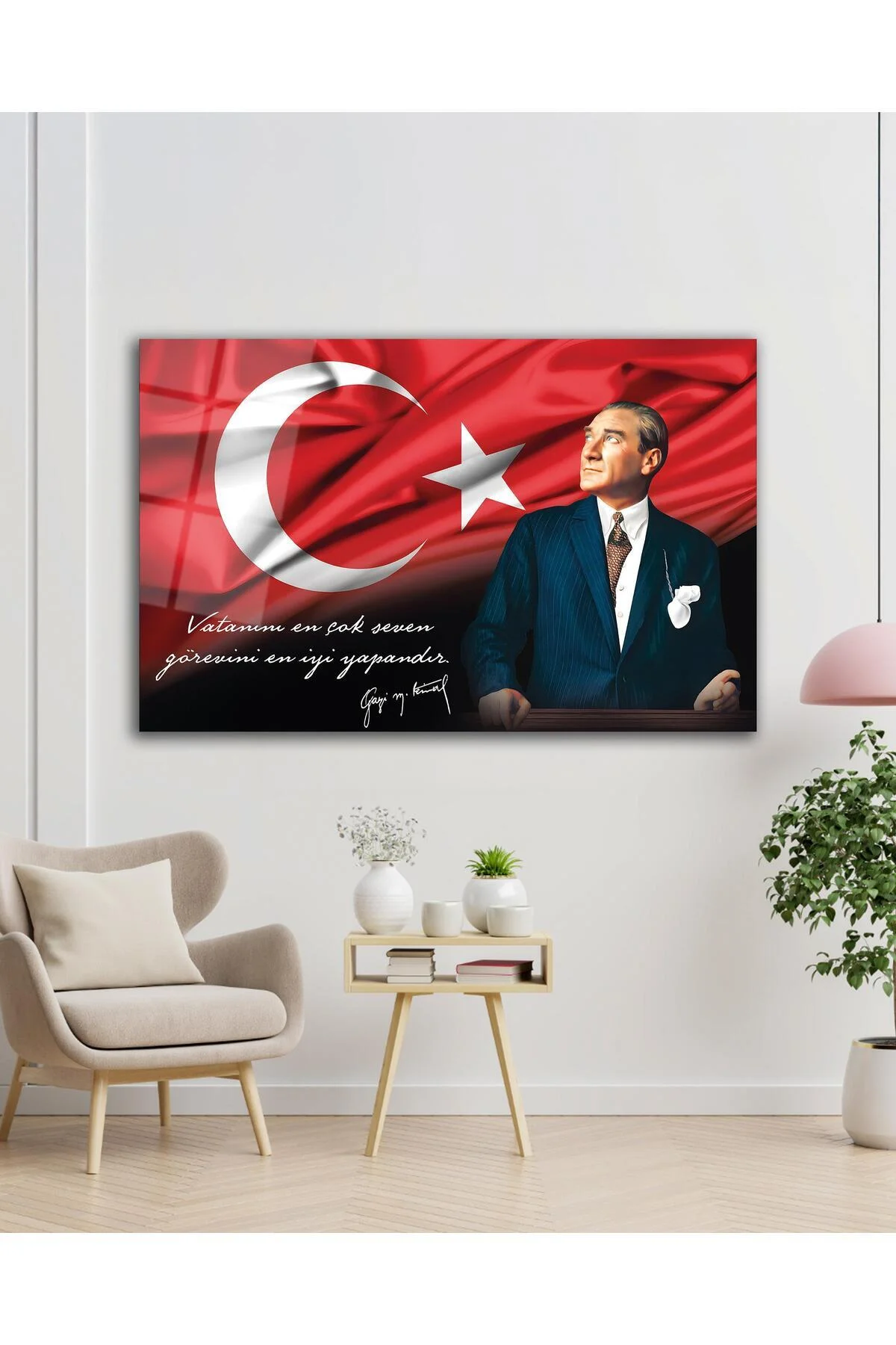 Atatürk Portre Cam Tablo Vatanını En Çok Seven Görevini En İyi Yapandır Kurum Hediyelik Büyük Tablo - BYCAGRİ Görsel 4