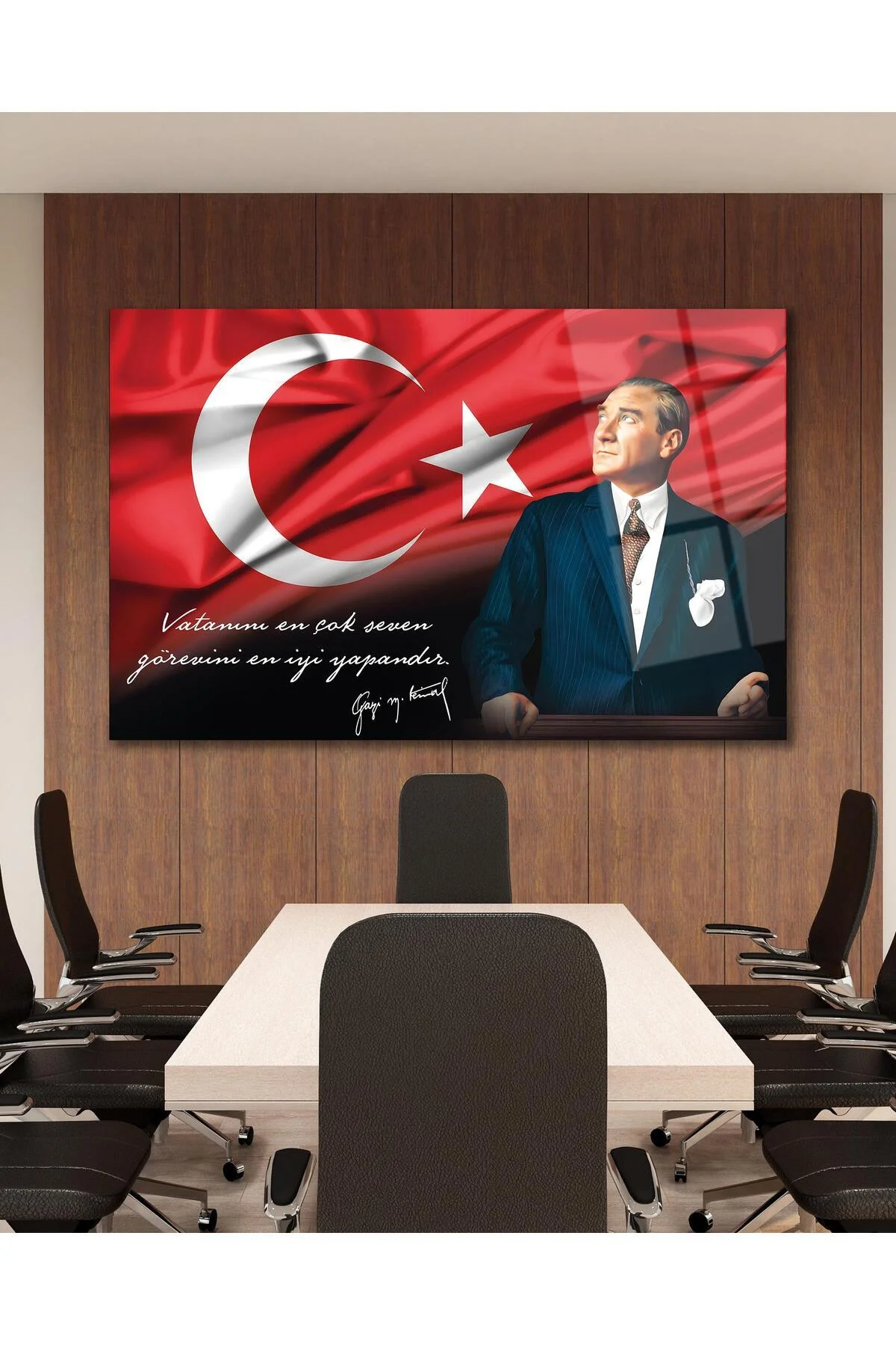 Atatürk Portre Cam Tablo Vatanını En Çok Seven Görevini En İyi Yapandır Kurum Hediyelik Büyük Tablo