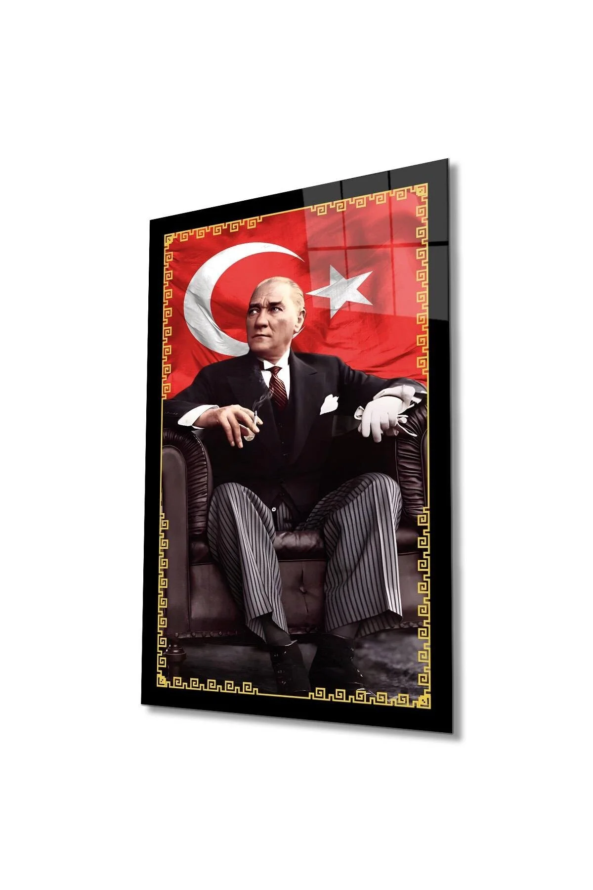 Atatürk Portre ve Türk Bayrağı Cam Tablo Modern Ev Ofis Salon Hediyelik Büyük Tablo Duvar Dekoru