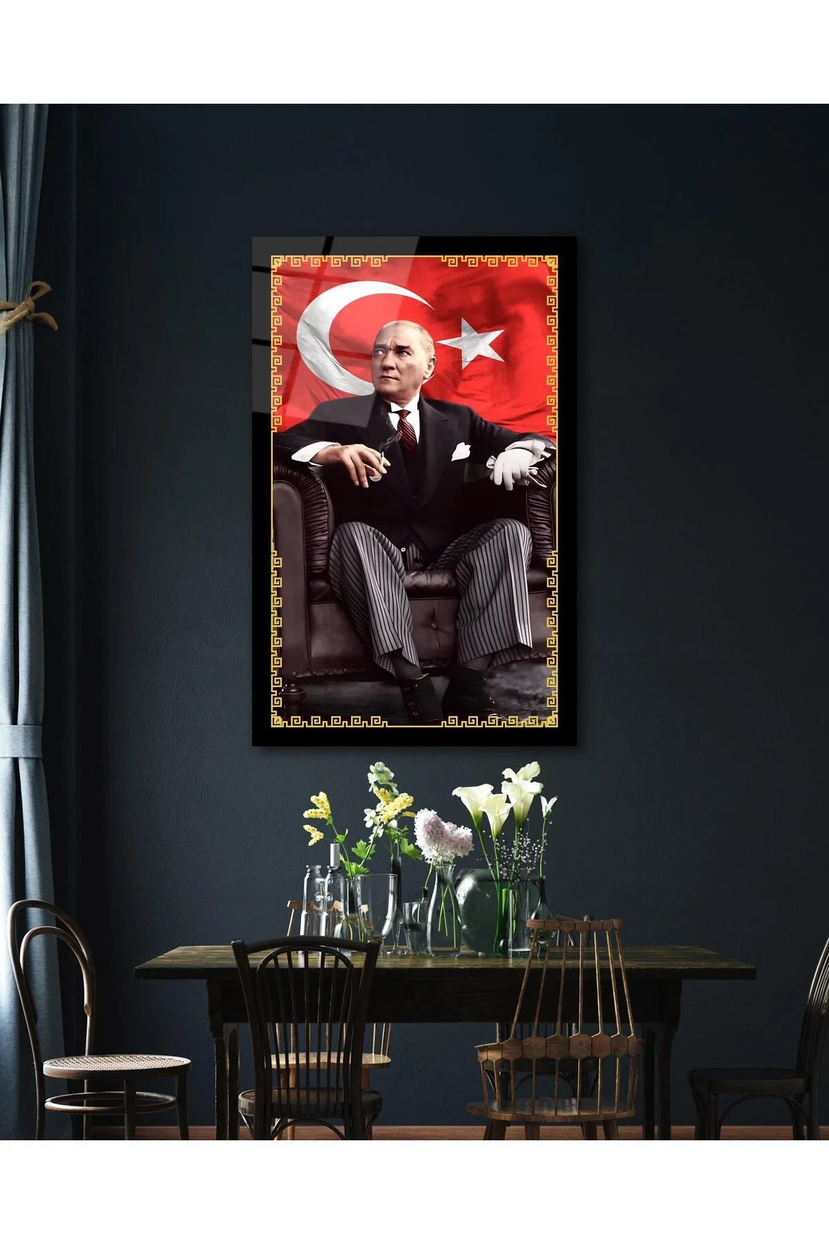 Atatürk Portre ve Türk Bayrağı Cam Tablo Modern Ev Ofis Salon Hediyelik Büyük Tablo Duvar Dekoru - BYCAGRİ Görsel 3
