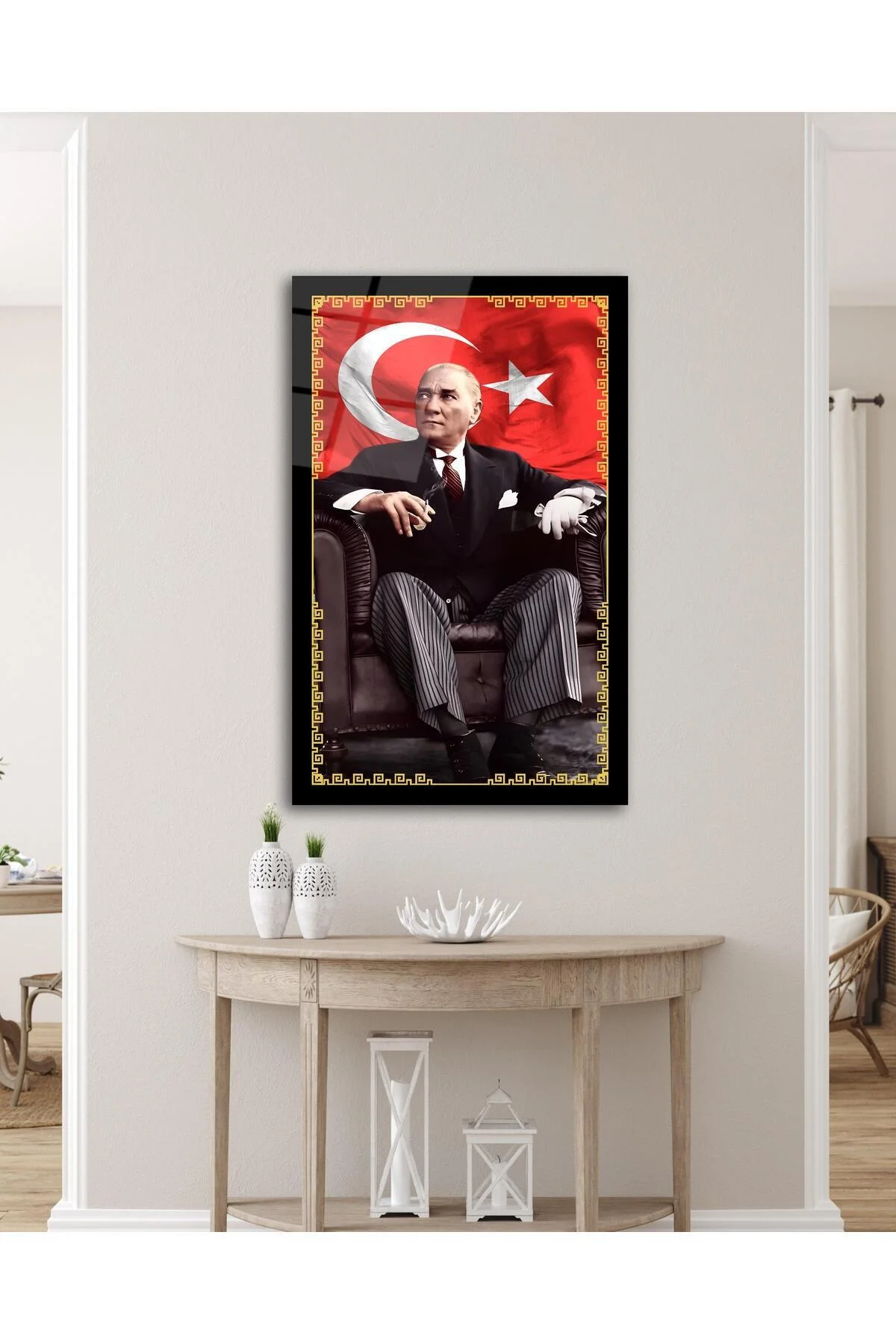 Atatürk Portre ve Türk Bayrağı Cam Tablo Modern Ev Ofis Salon Hediyelik Büyük Tablo Duvar Dekoru - BYCAGRİ Görsel 4