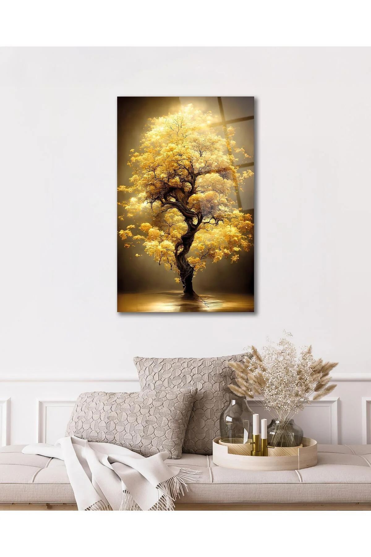 Sarı Yapraklı Ağaç Cam Tablo Modern Ev Ofis Salon Hediyelik Büyük Tablo Duvar Dekoru - BYCAGRİ Görsel 8