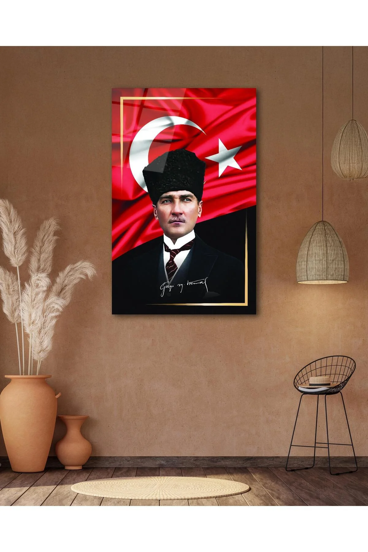 Atatürk Portre ve Türk Bayrağı Cam Tablo Modern Ev Ofis Salon Hediyelik Büyük Tablo Duvar Dekoru - BYCAGRİ Görsel 6