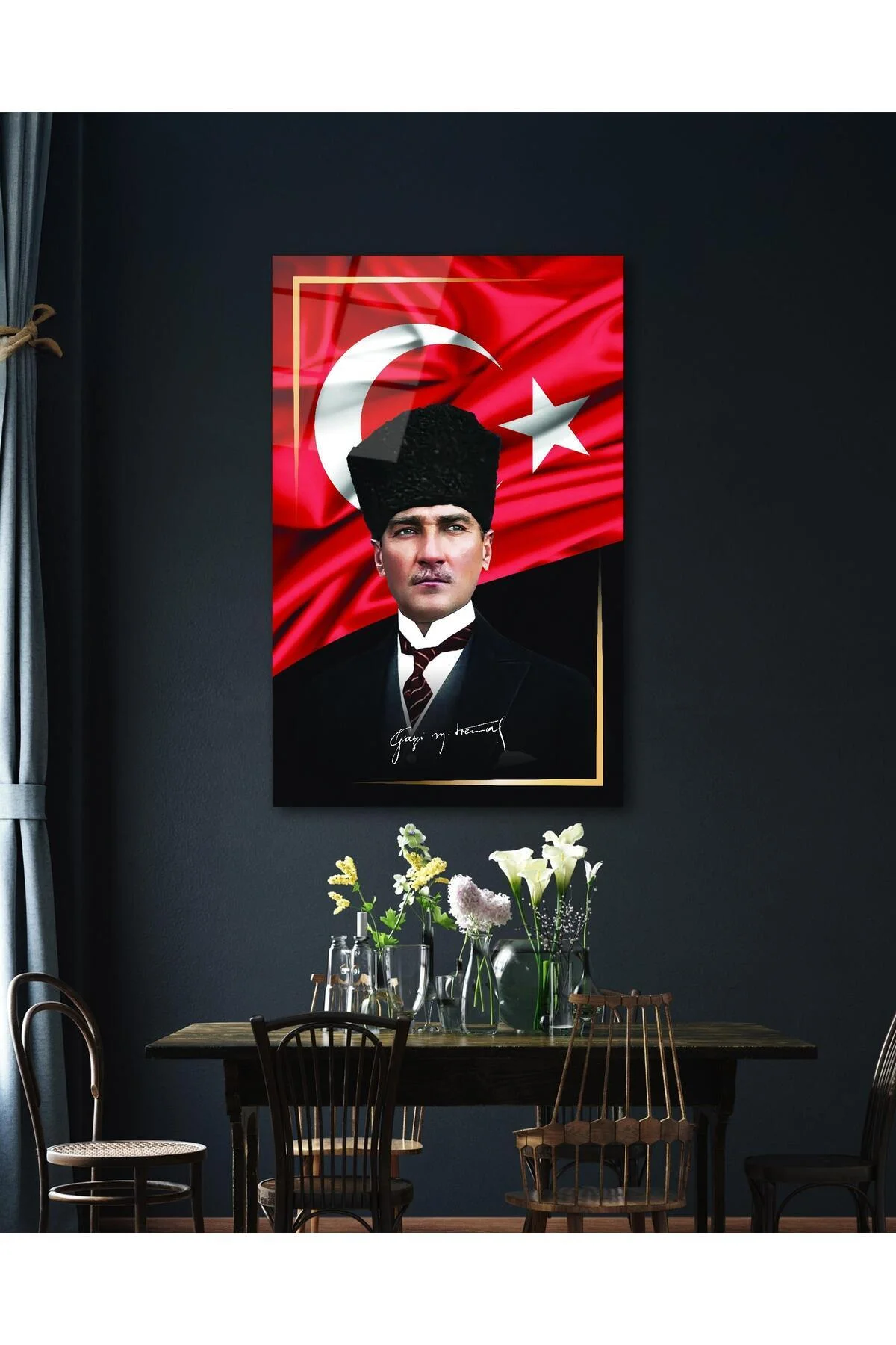 Atatürk Portre ve Türk Bayrağı Cam Tablo Modern Ev Ofis Salon Hediyelik Büyük Tablo Duvar Dekoru - BYCAGRİ Görsel 3