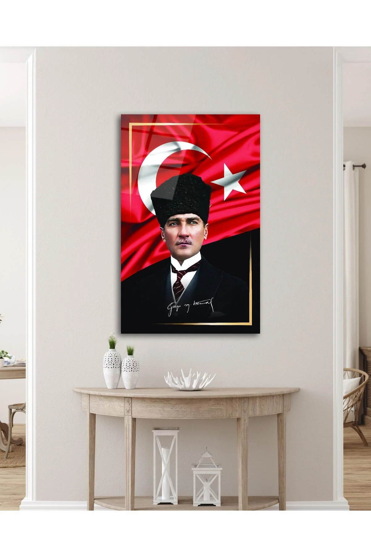 Atatürk Portre ve Türk Bayrağı Cam Tablo Modern Ev Ofis Salon Hediyelik Büyük Tablo Duvar Dekoru - BYCAGRİ Görsel 4