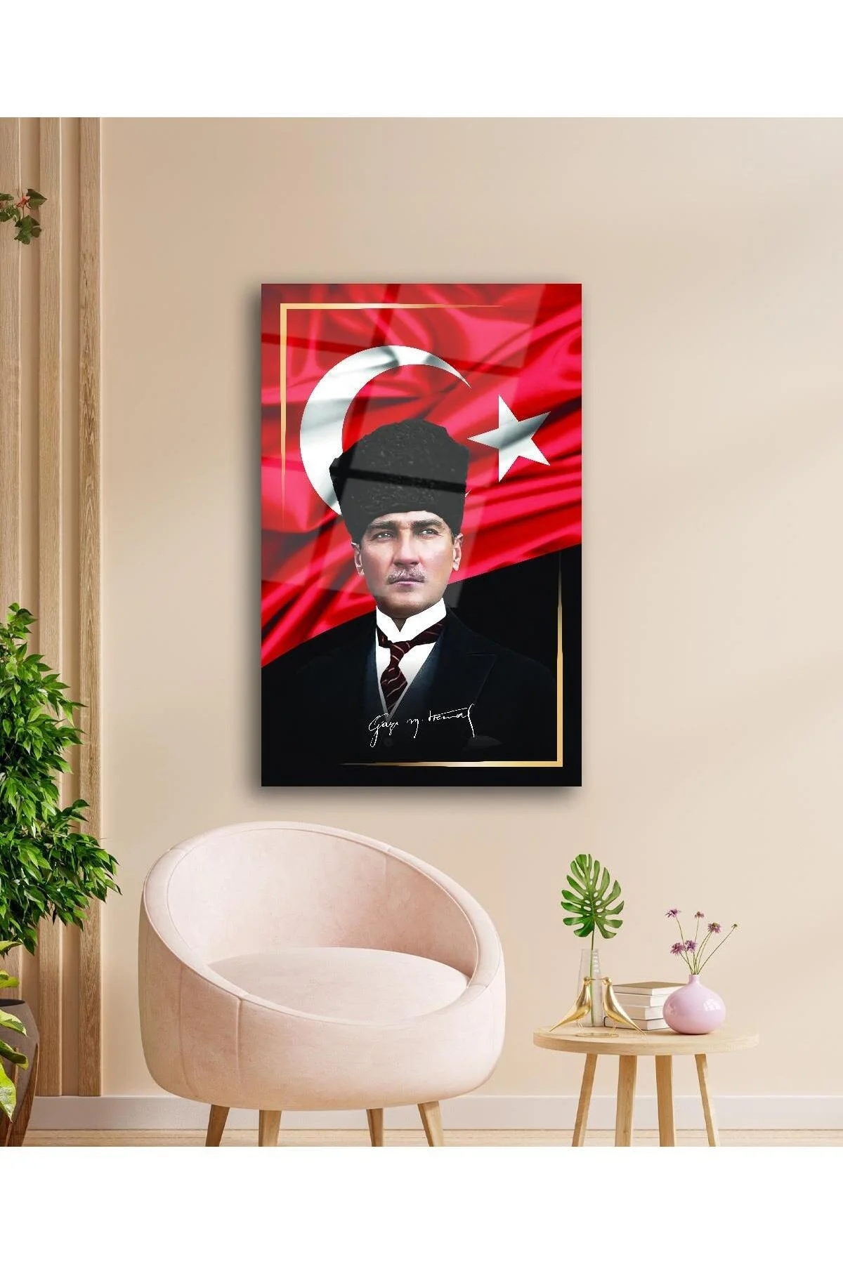 Atatürk Portre ve Türk Bayrağı Cam Tablo Modern Ev Ofis Salon Hediyelik Büyük Tablo Duvar Dekoru - BYCAGRİ Görsel 2