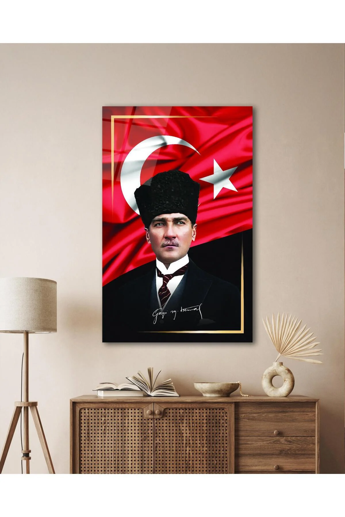 Atatürk Portre ve Türk Bayrağı Cam Tablo Modern Ev Ofis Salon Hediyelik Büyük Tablo Duvar Dekoru - BYCAGRİ Görsel 5
