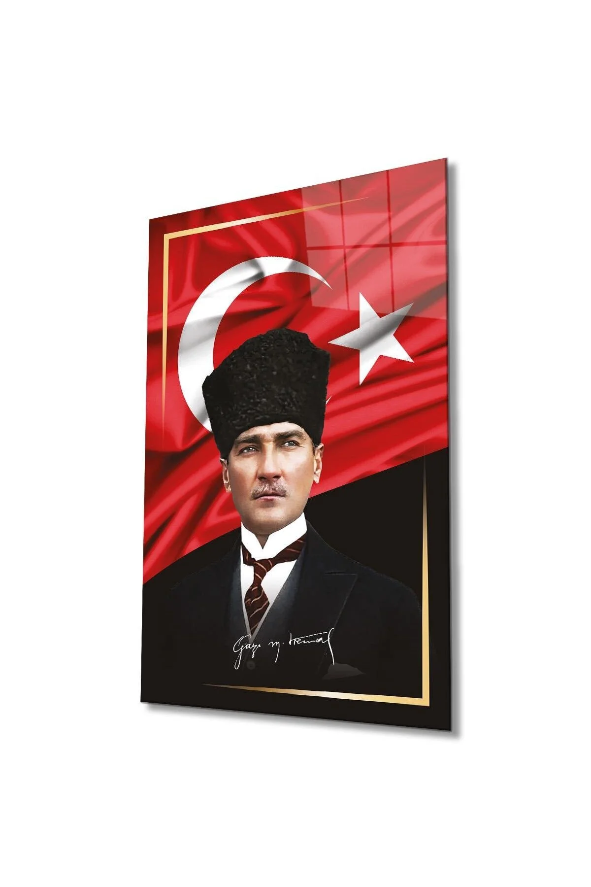 Atatürk Portre ve Türk Bayrağı Cam Tablo Modern Ev Ofis Salon Hediyelik Büyük Tablo Duvar Dekoru