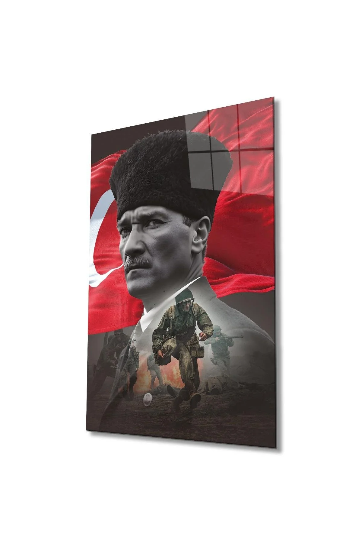 Atatürk Portre ve Türk Bayrağı Cam Tablo Modern Ev Ofis Salon Hediyelik Büyük Tablo Duvar Dekoru