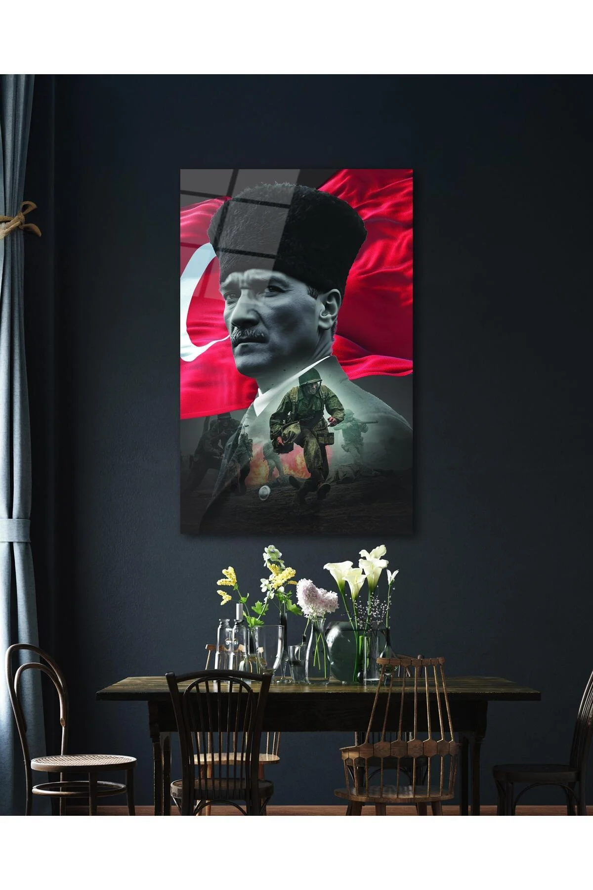 Atatürk Portre ve Türk Bayrağı Cam Tablo Modern Ev Ofis Salon Hediyelik Büyük Tablo Duvar Dekoru - BYCAGRİ Görsel 2
