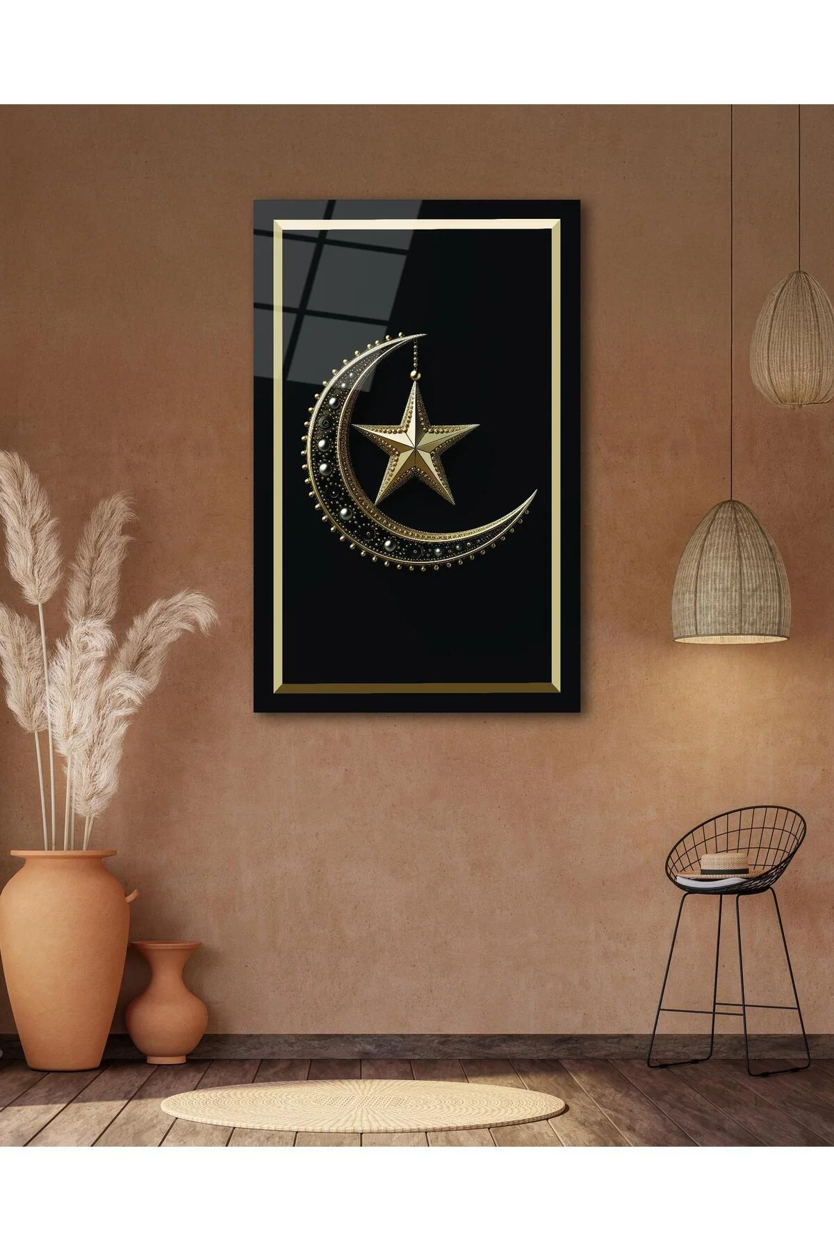 Ay Yıldız Cam Tablo Modern Ev Ofis Salon Hediyelik Büyük Tablo Duvar Dekoru - BYCAGRİ Görsel 5