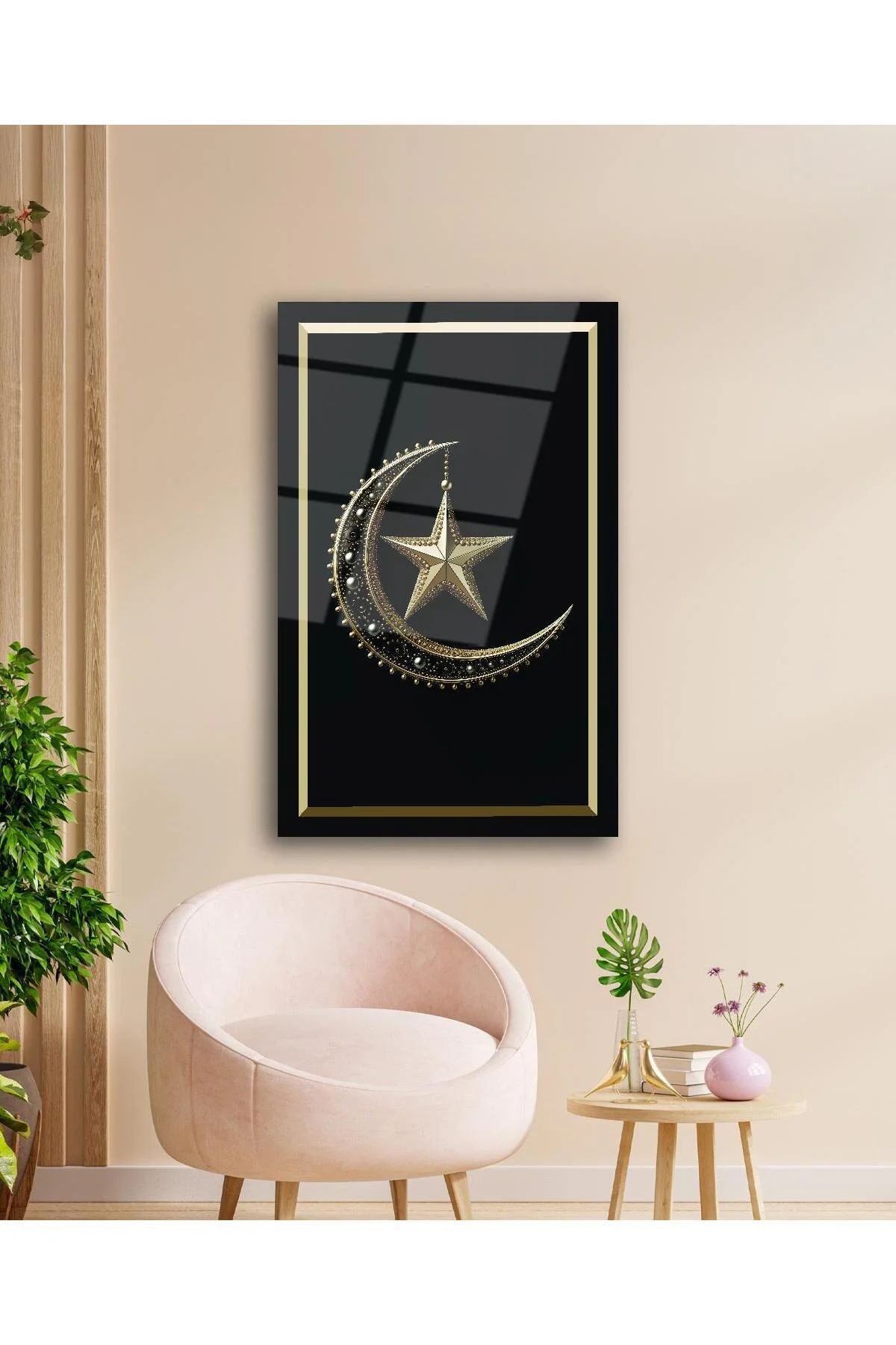 Ay Yıldız Cam Tablo Modern Ev Ofis Salon Hediyelik Büyük Tablo Duvar Dekoru - BYCAGRİ Görsel 3