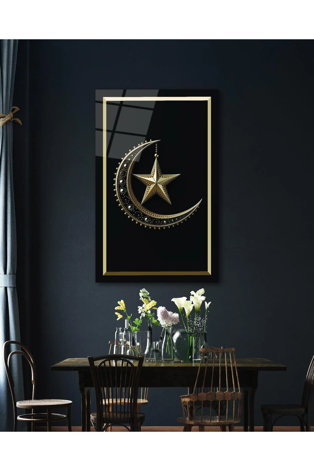 Ay Yıldız Cam Tablo Modern Ev Ofis Salon Hediyelik Büyük Tablo Duvar Dekoru - BYCAGRİ Görsel 2