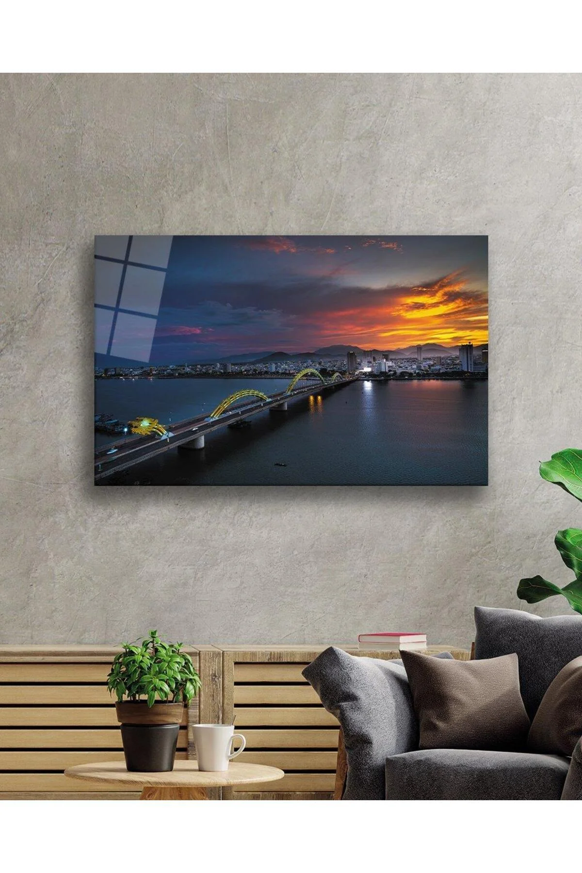 Gün Batımı Şehir Köprü Manzara Cam Tablo 4mm Dayanıklı Temperli Cam Sunset City Bridge Landscape Gl - BYCAGRİ Görsel 2