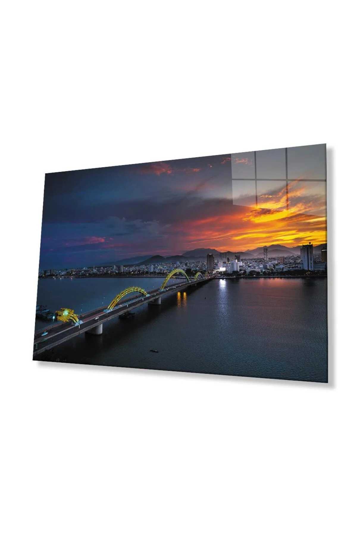 Gün Batımı Şehir Köprü Manzara Cam Tablo 4mm Dayanıklı Temperli Cam Sunset City Bridge Landscape Gl