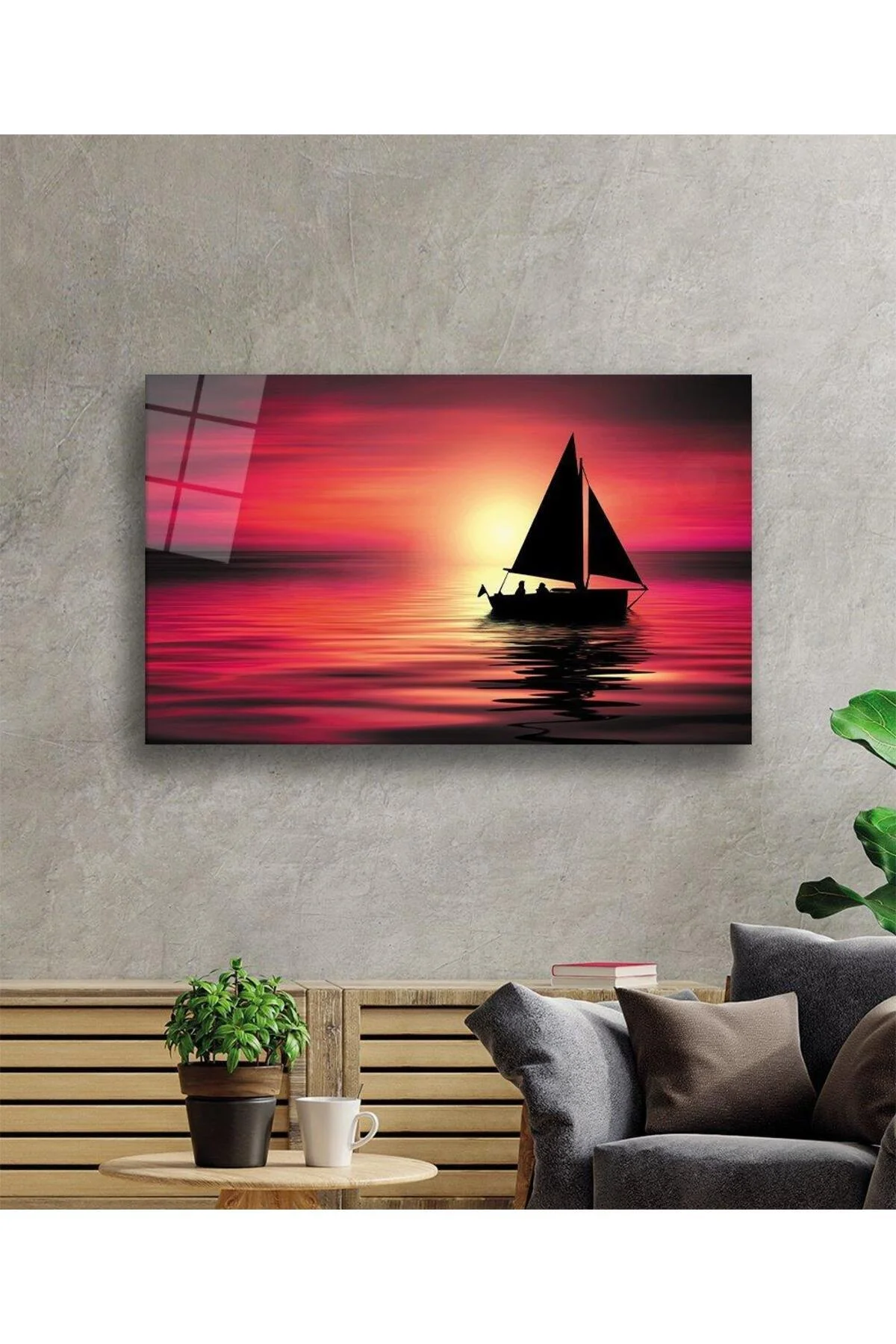 Denizde Gün Batımı Cam Tablo 4mm Dayanıklı Temperli Cam Sunset at Sea Glass Wall Art - BYCAGRİ Görsel 2