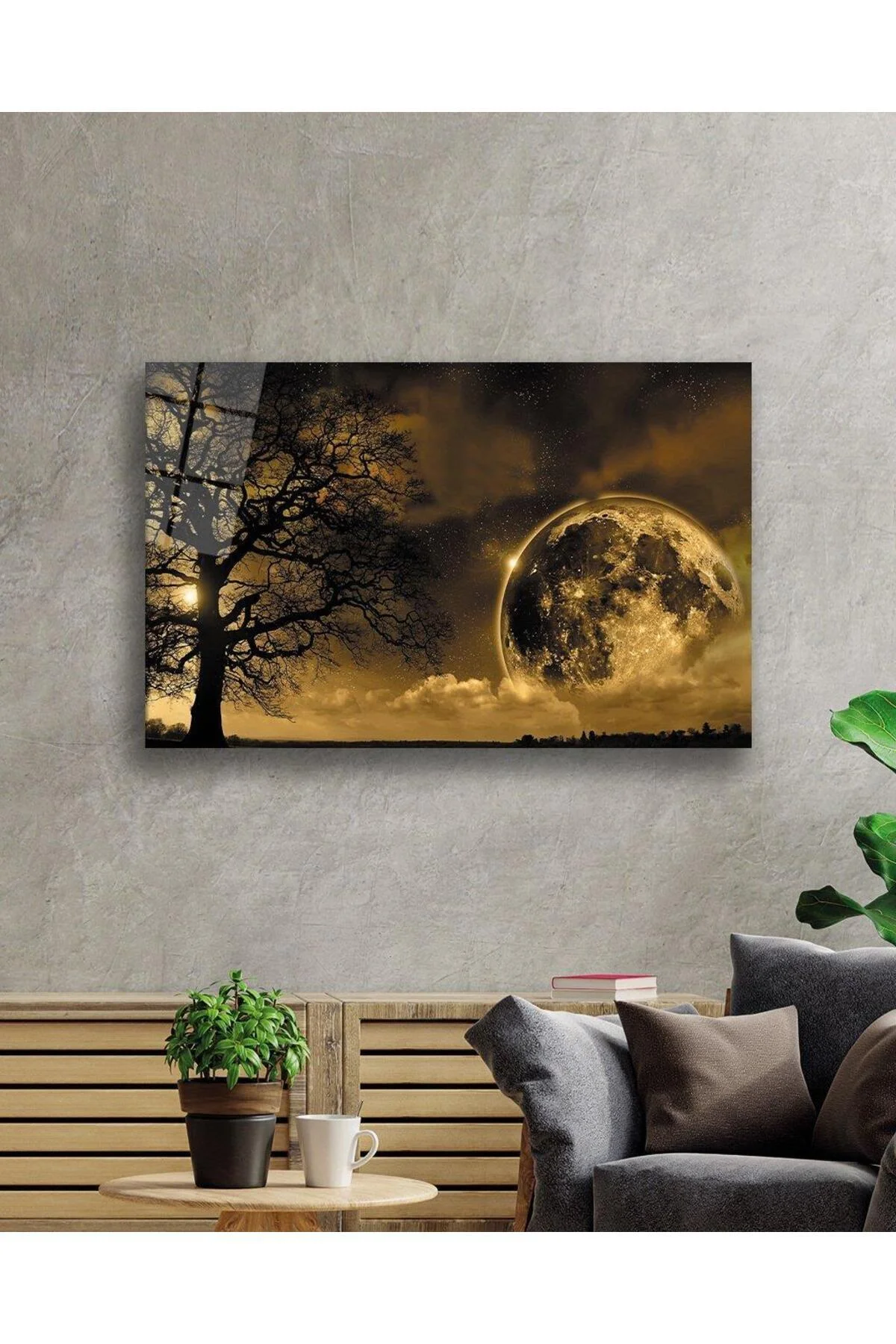 Dünya Ay Ağaç Gece Manzaralı Fütüristik Cam Tablo 4mm Dayanıklı Temperli Cam Earth Moon Tree Night - BYCAGRİ Görsel 2