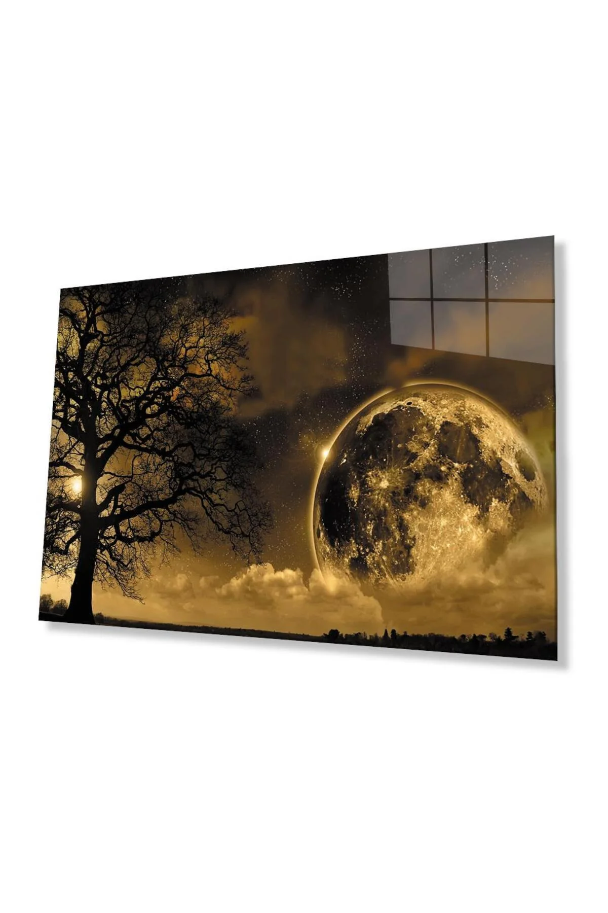Dünya Ay Ağaç Gece Manzaralı Fütüristik Cam Tablo 4mm Dayanıklı Temperli Cam Earth Moon Tree Night