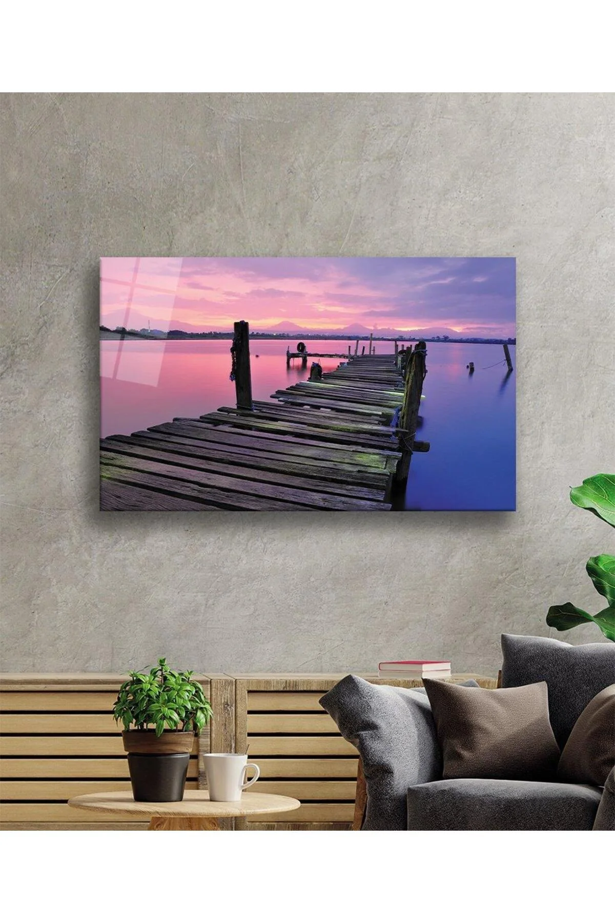 Gün Batımı İskele Cam Tablo 4mm Dayanıklı Temperli Cam Sunset Pier Glass Wall Art - BYCAGRİ Görsel 2