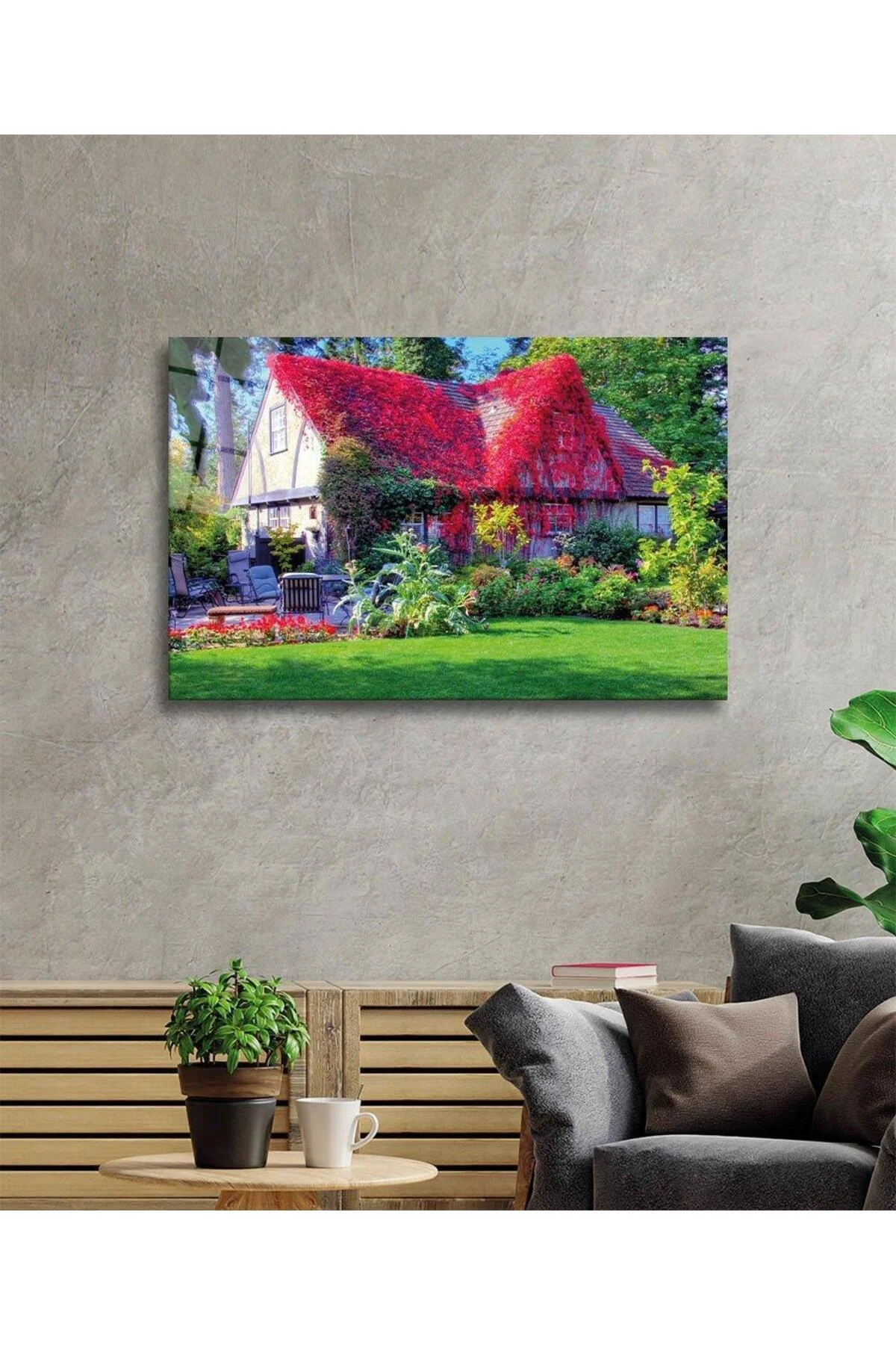 Mor Çiçekli Ev Cam Tablo 4mm Dayanıklı Temperli Cam, Purple Flowers House Glass Wall Decor - BYCAGRİ Görsel 2