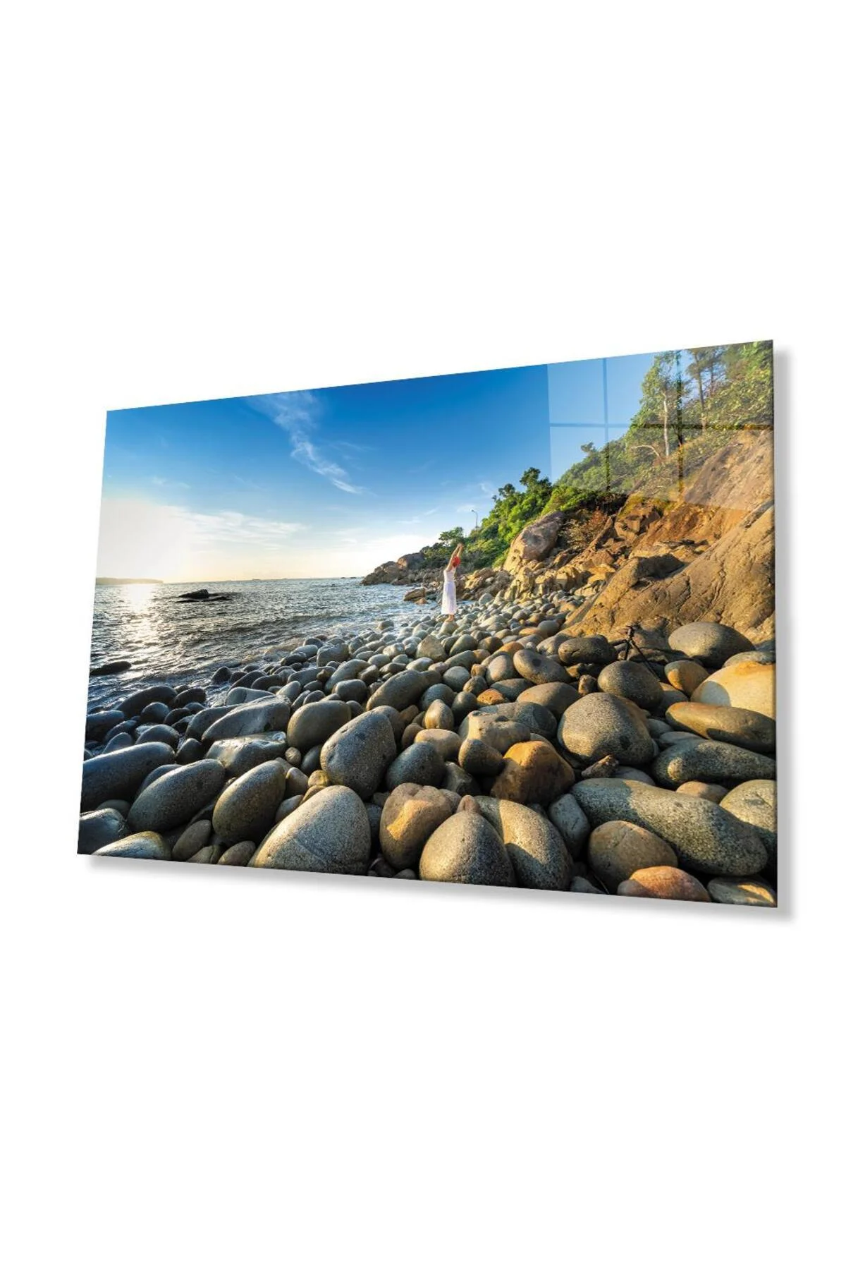 Deniz Kenarı Taşlar Kadın Yaz Cam Tablo 4mm Dayanıklı Temperli Cam Seaside Stones Women Summer Glas