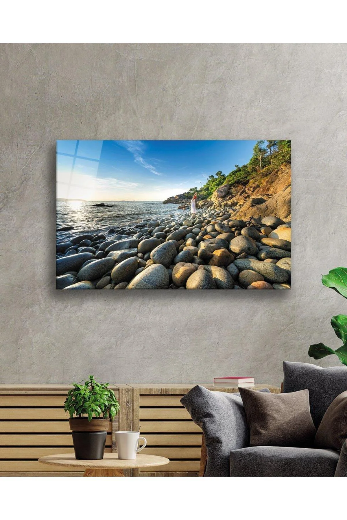 Deniz Kenarı Taşlar Kadın Yaz Cam Tablo 4mm Dayanıklı Temperli Cam Seaside Stones Women Summer Glas - BYCAGRİ Görsel 2